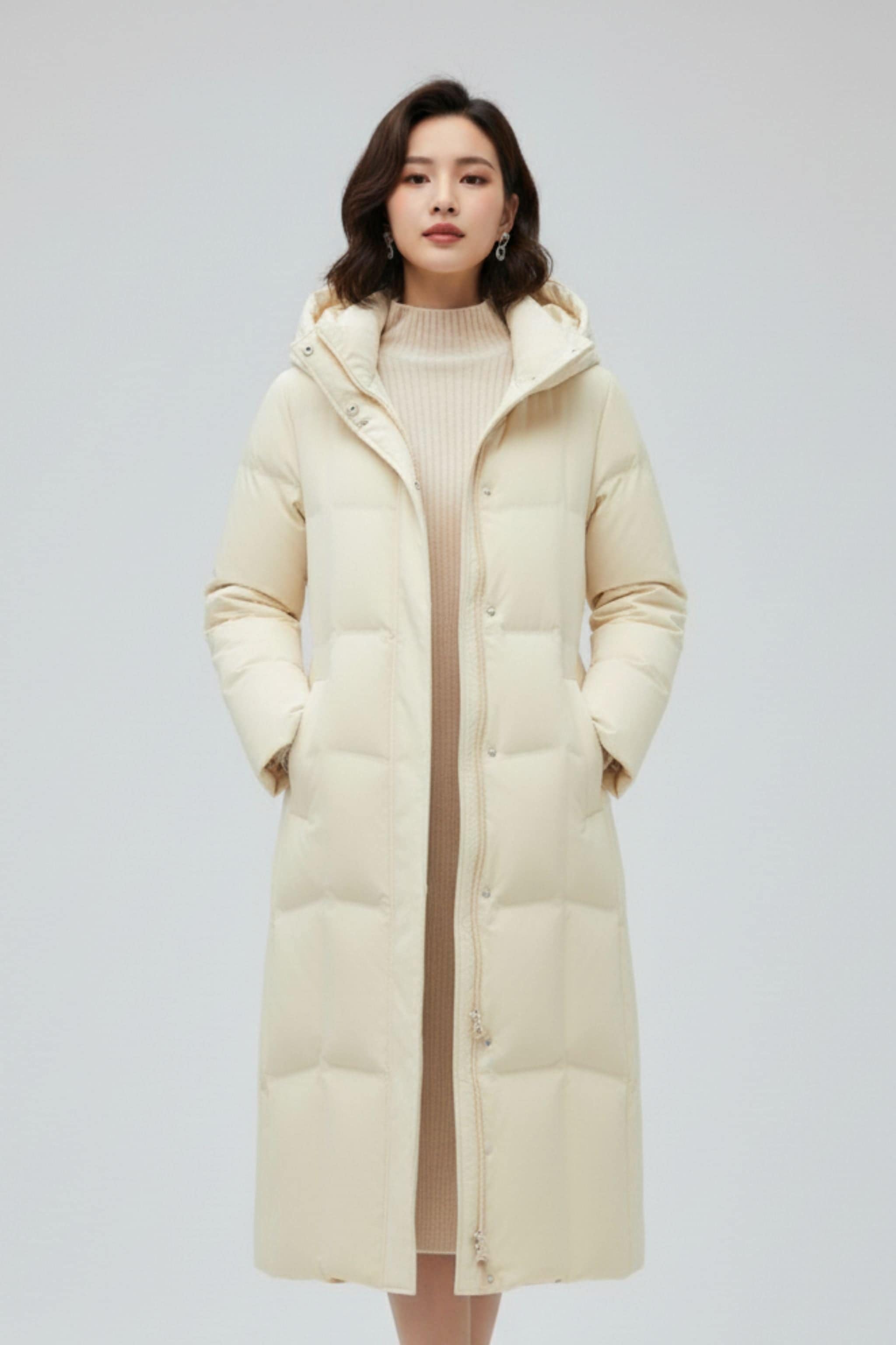 Women's Long Hooded Goose Down Jacket With Belt 146