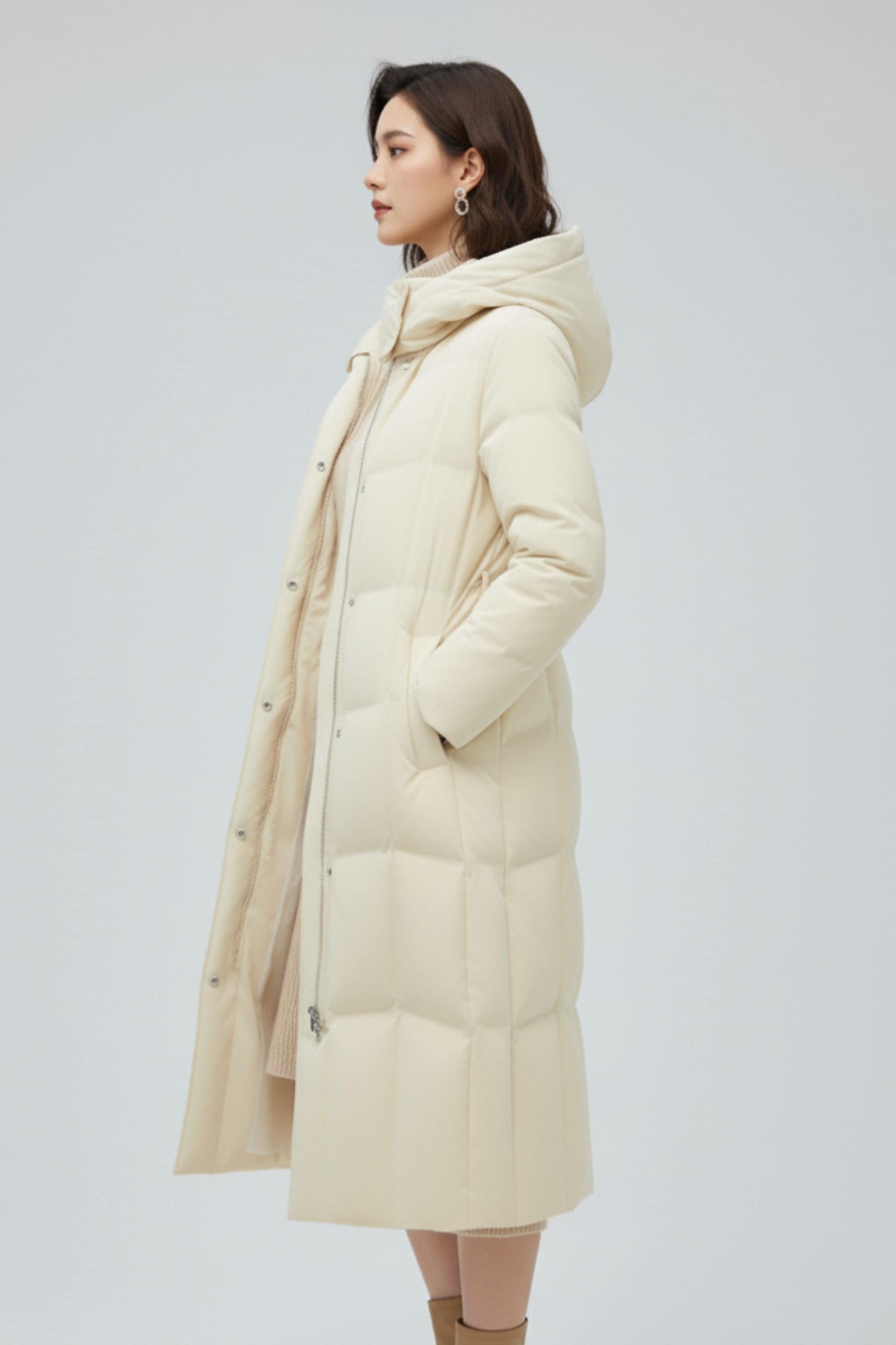 Women's Long Hooded Goose Down Jacket With Belt 146