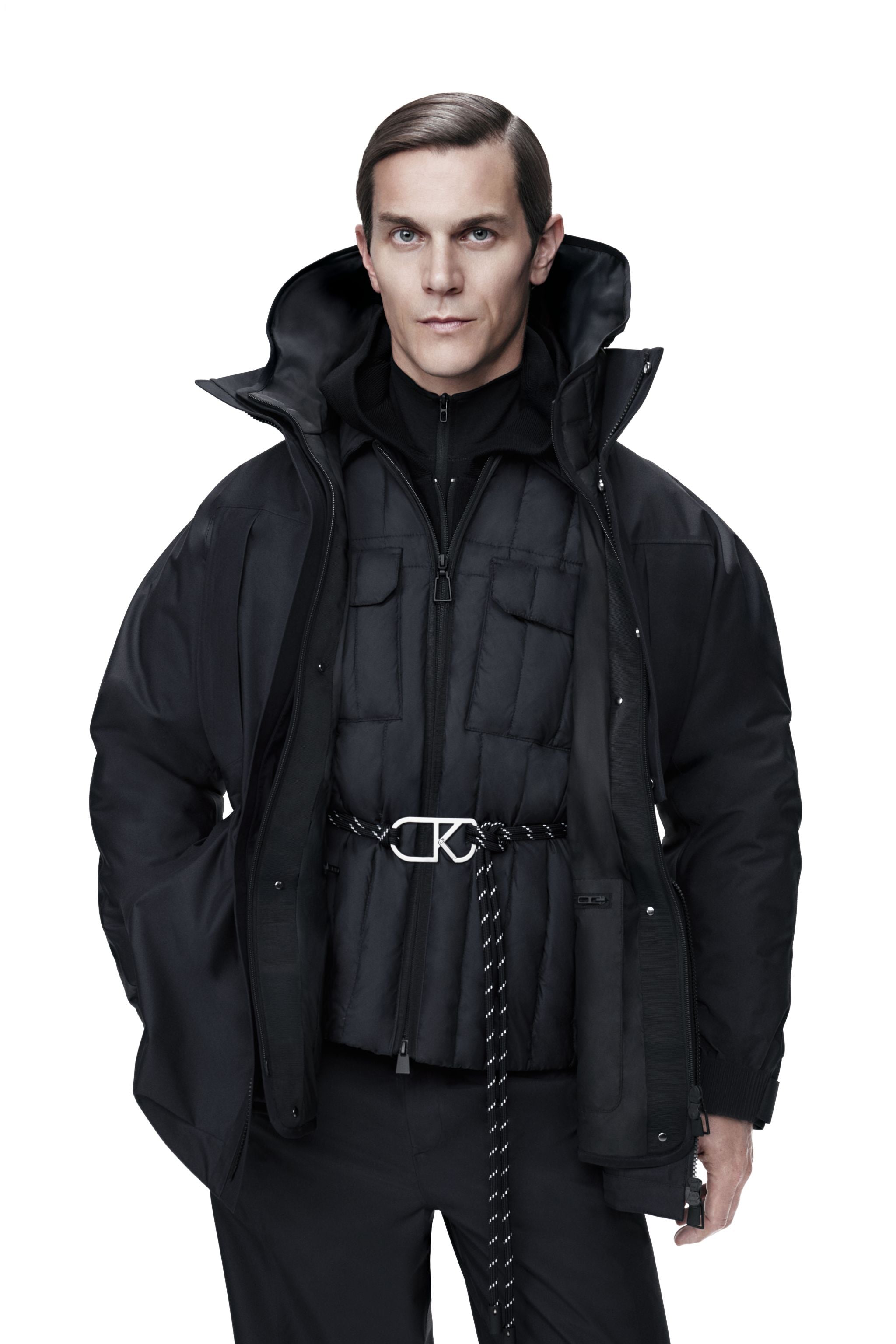 BOSIDENG AREAL Men's Goose Down Shacket 913 — piece offers a smooth yet structured handfeel with a refined matte finish in Black, sizes XS–XL — Kim Jones
