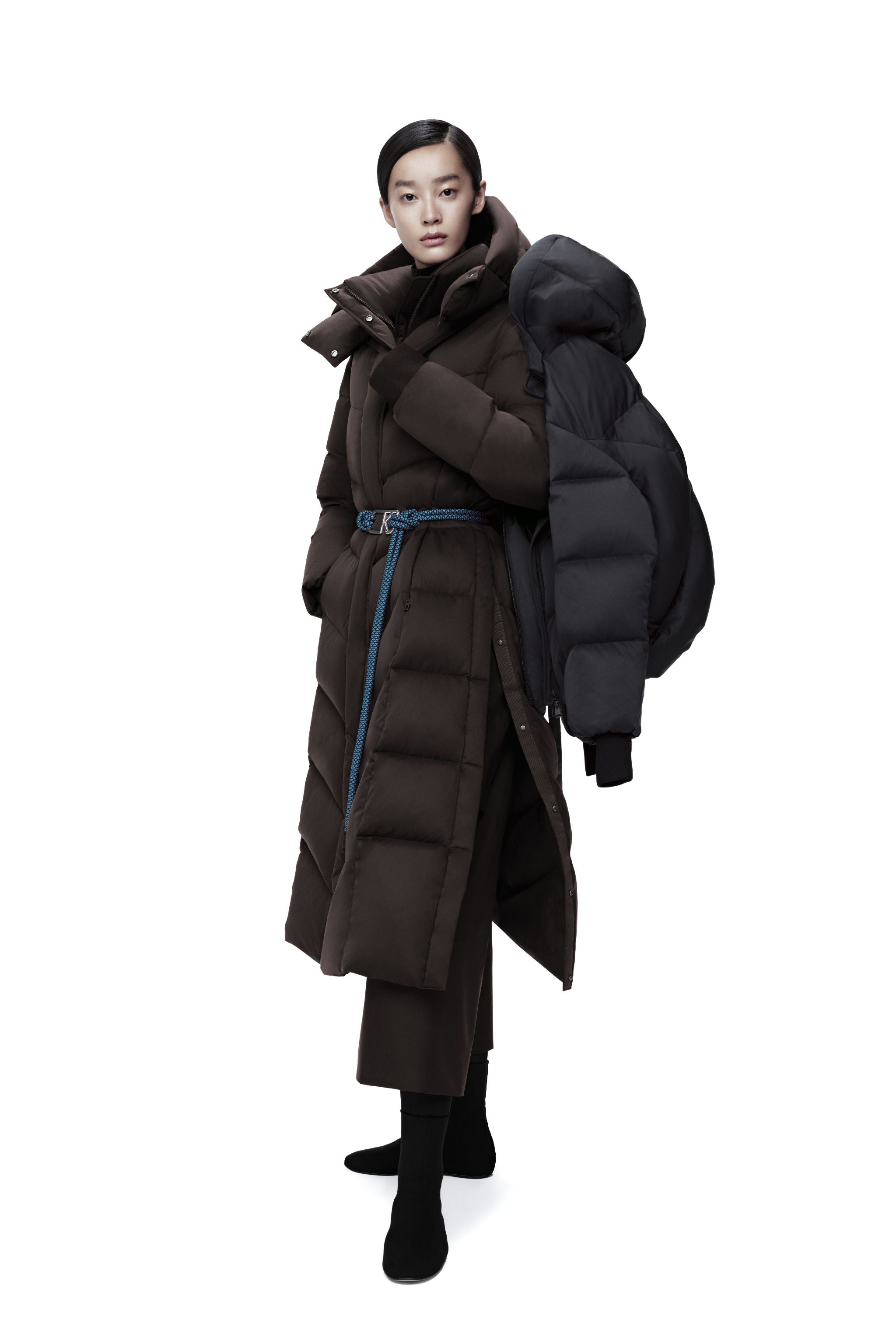 BOSIDENG AREAL Women's Full Length Goose Down Jacket With Belt 922 — long puffer coat blends sculptural precision — view 2; waterproof, windproof — Kim Jones