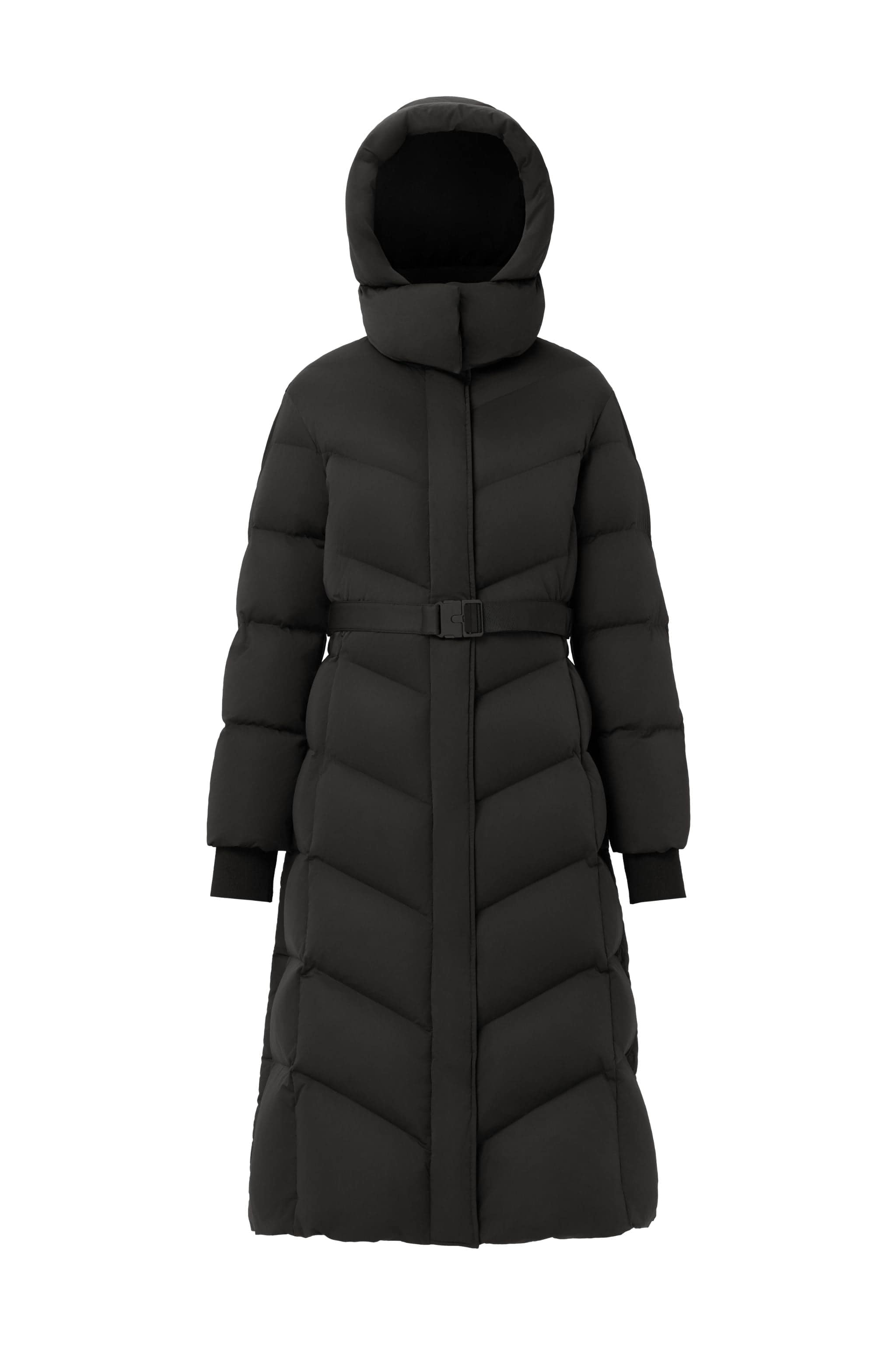 BOSIDENG AREAL Women's Full Length Goose Down Jacket With Belt 922 — long puffer coat blends sculptural precision in Black, sizes 4–12; waterproof, windproof — Kim Jones