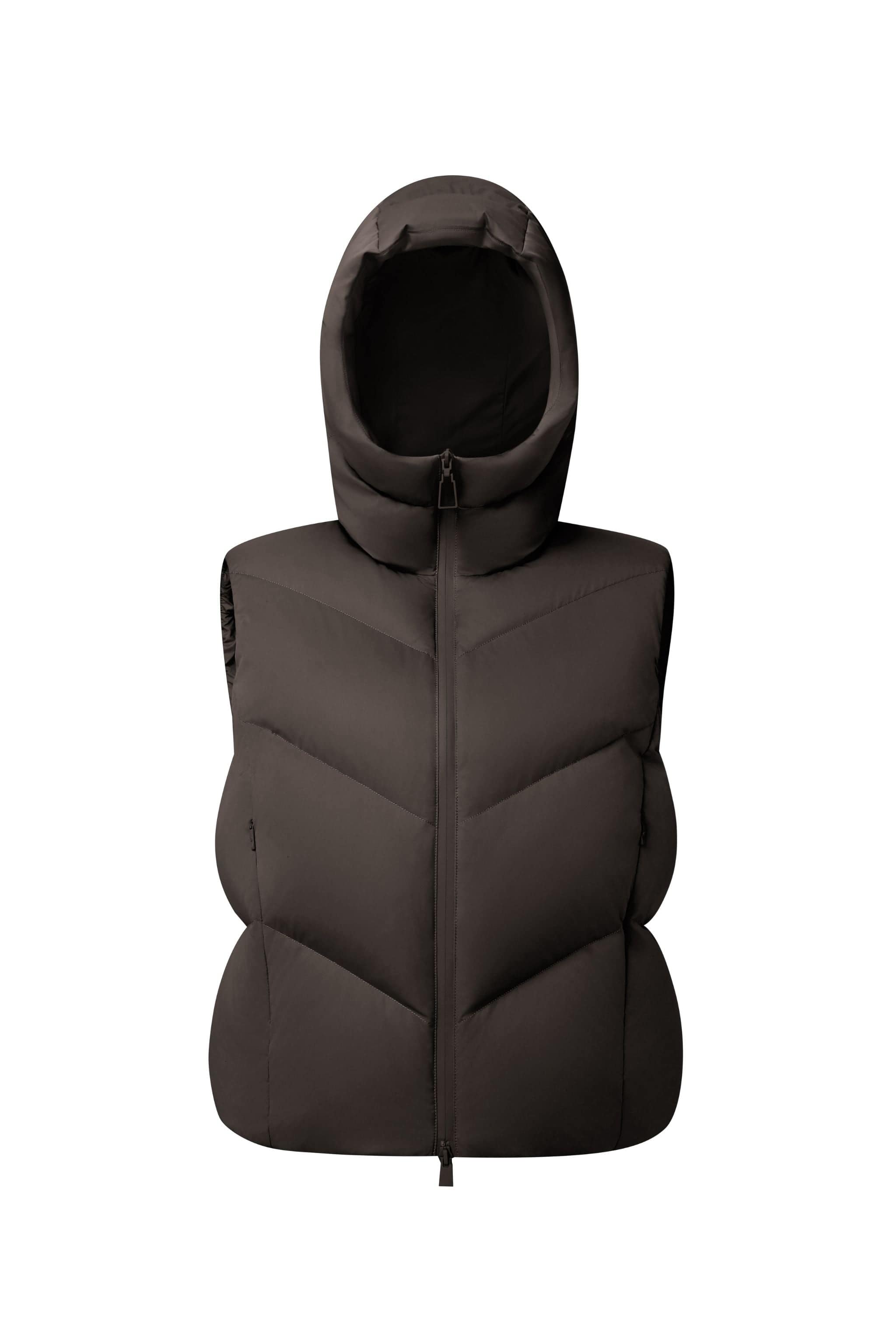BOSIDENG AREAL Women's Goose Down Gilet With Hood 912 — hooded down gilet combines contemporary minimalism in Pine Coffee, sizes 10–12; water-resistant, wind-resistant — Kim Jones