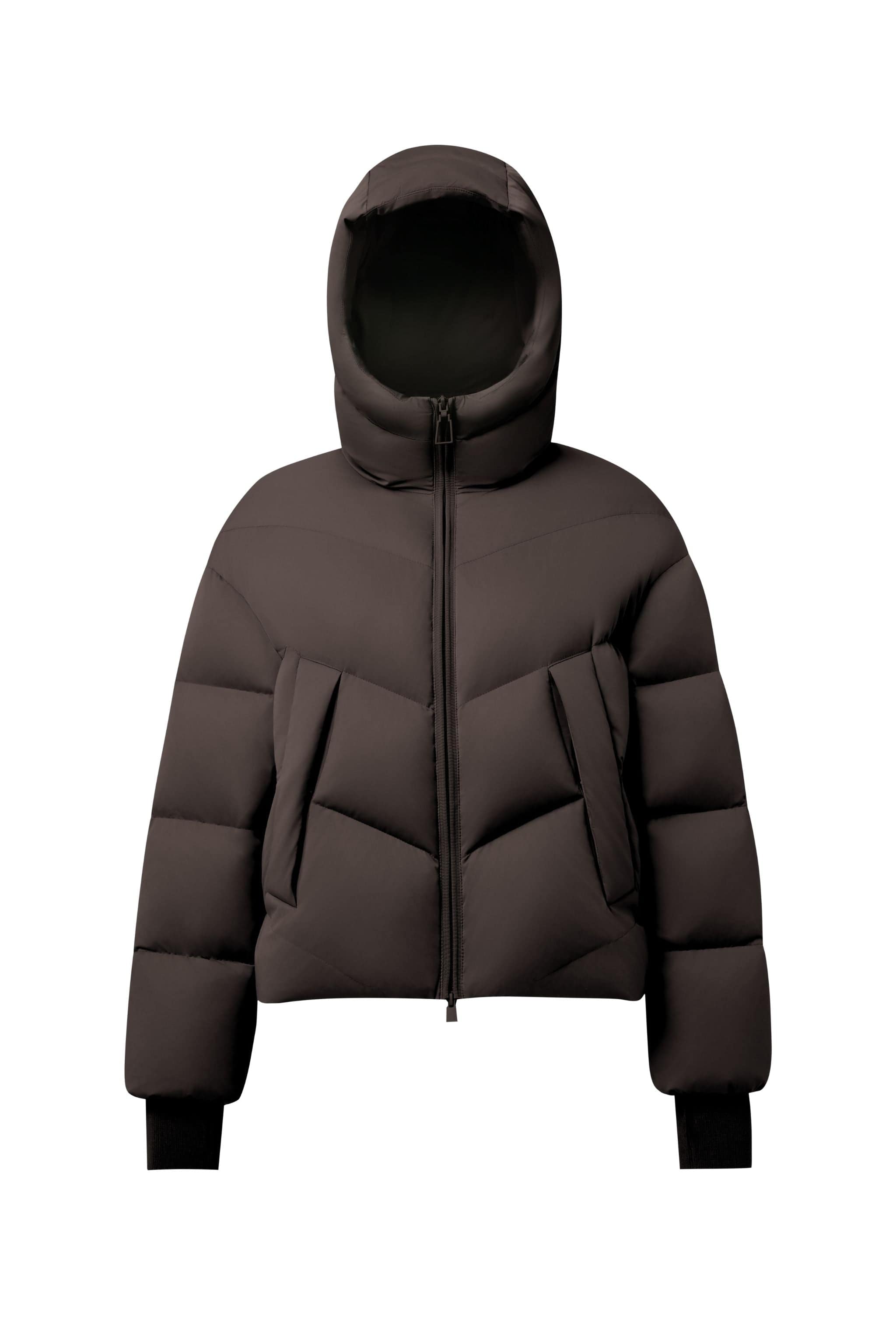 BOSIDENG AREAL Women's Short Goose Down Puffer With Hood 914 — ultra-light cropped puffer fuses architectural precision in Pine Coffee, sizes 6–14; water-resistant, windproof — Kim Jones