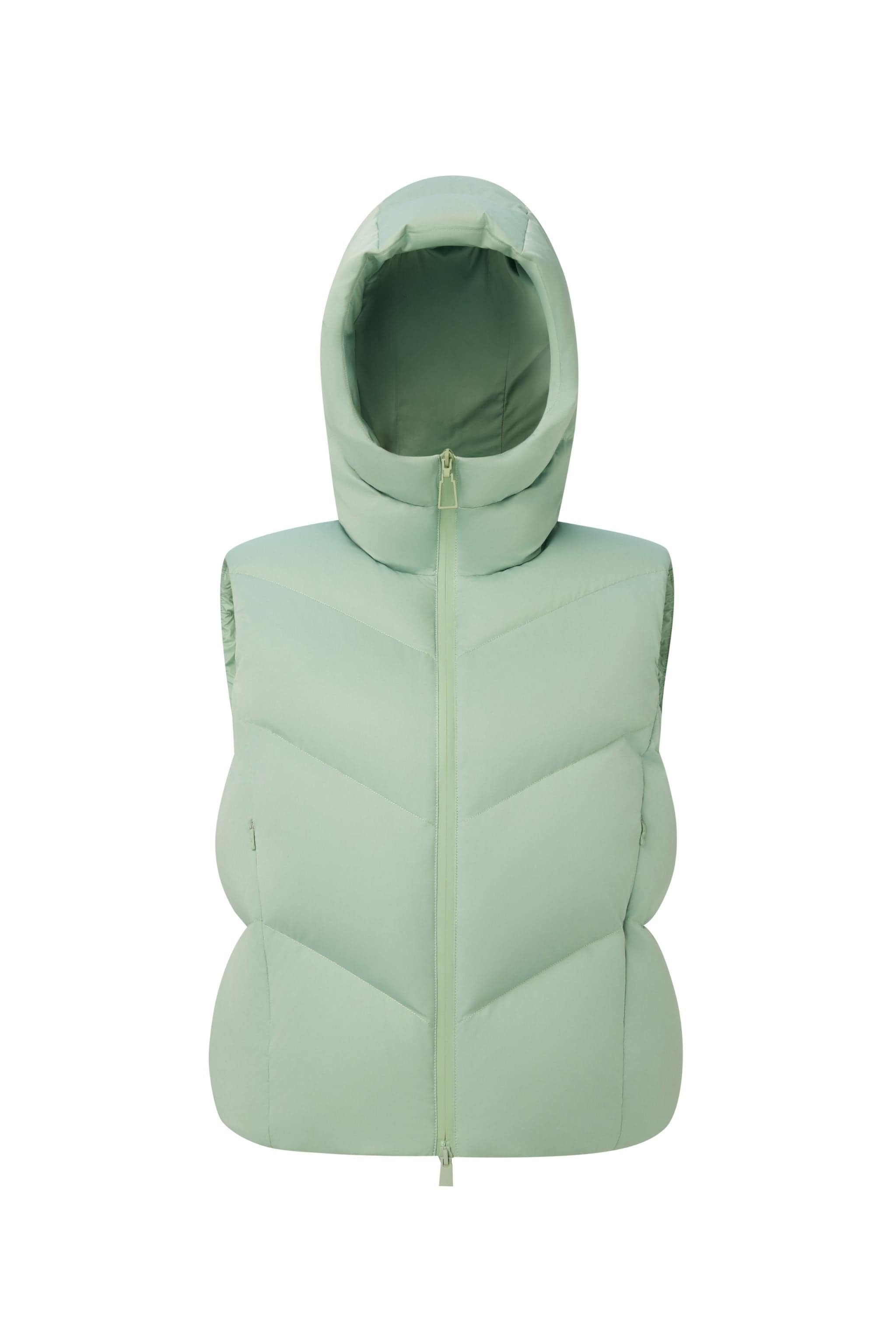 BOSIDENG AREAL Women's Goose Down Gilet With Hood 912 — hooded down gilet combines contemporary minimalism in Starlight Green, sizes 10–12; water-resistant, wind-resistant — Kim Jones