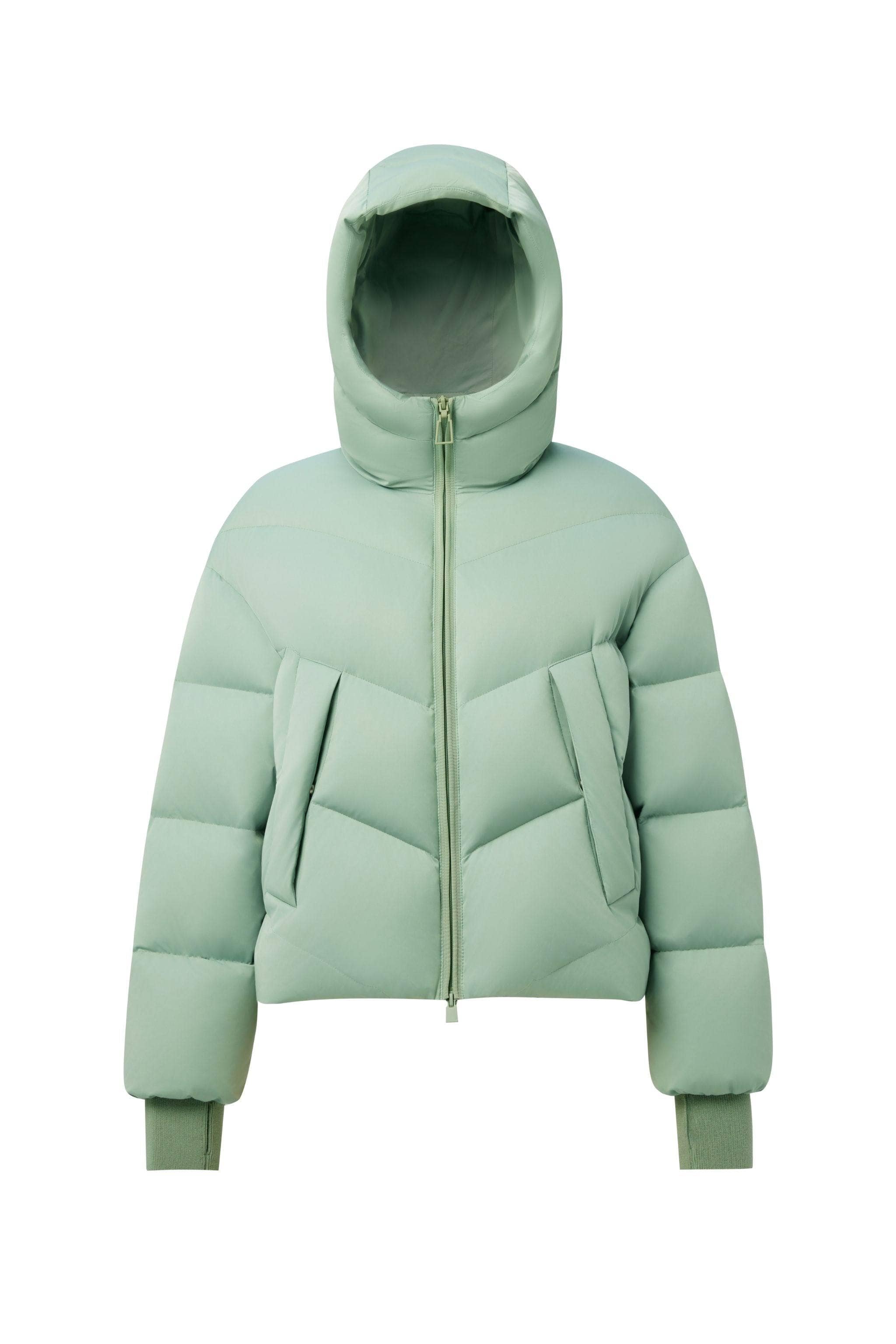 BOSIDENG AREAL Women's Short Goose Down Puffer With Hood 914 — ultra-light cropped puffer fuses architectural precision in Starlight Green, sizes 6–12; water-resistant, windproof — Kim Jones