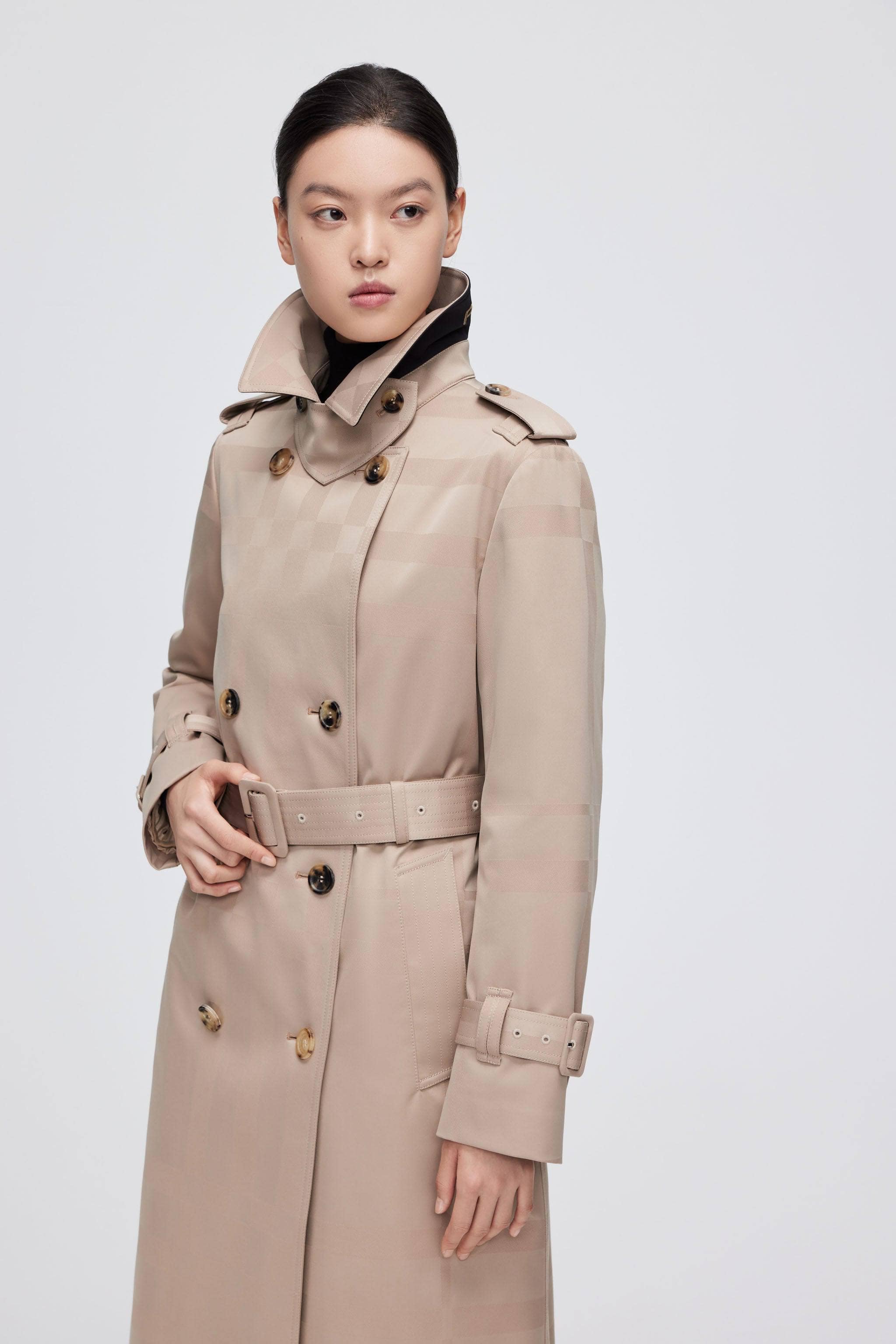 Premium Women's Goose Down Full Length Trench — Introducing our revolutionary Down Trench Coat in Jacquard beige, sizes 4–14; waterproof, windproof