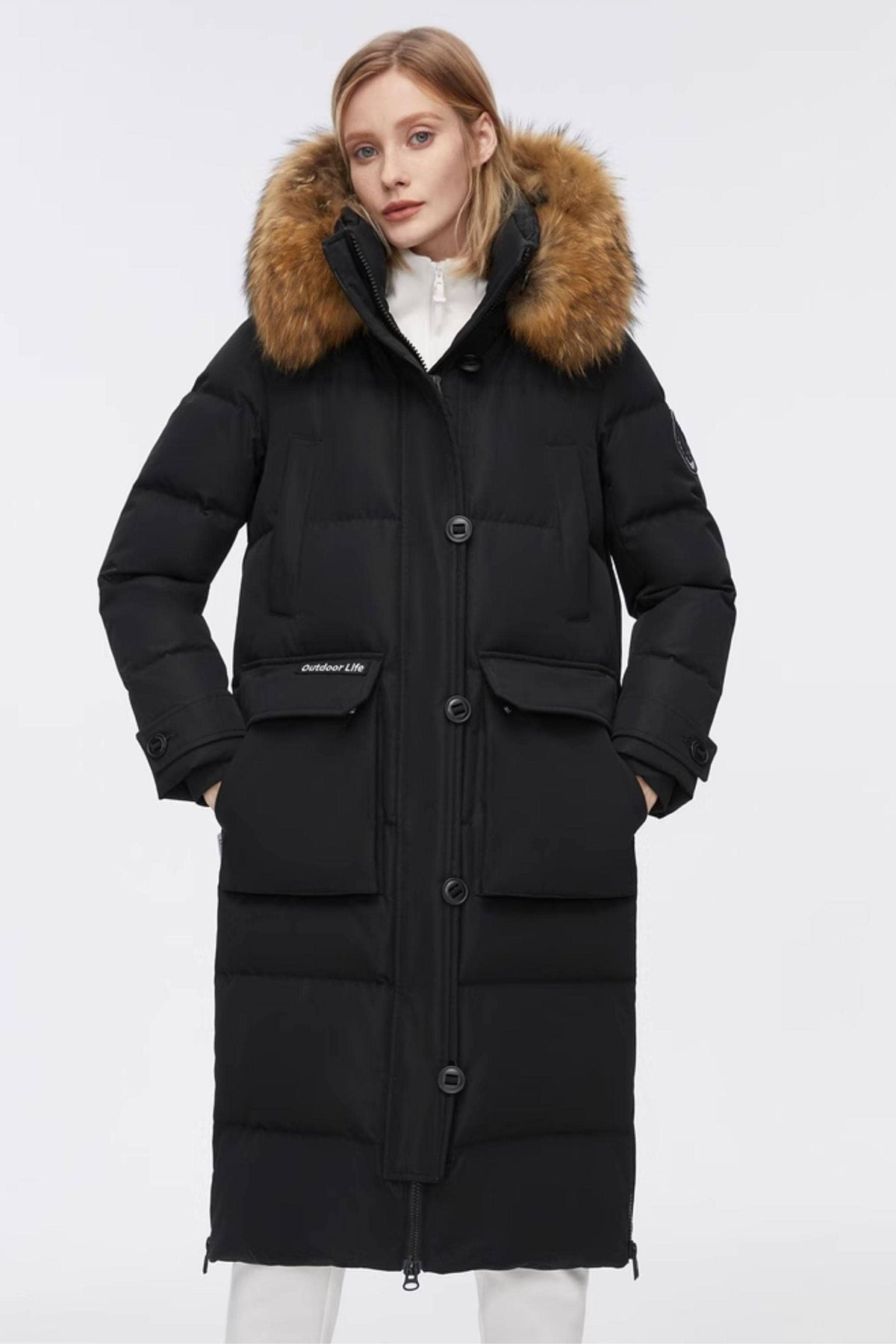 Long Goose Down Jacket With Removable Fur Hood