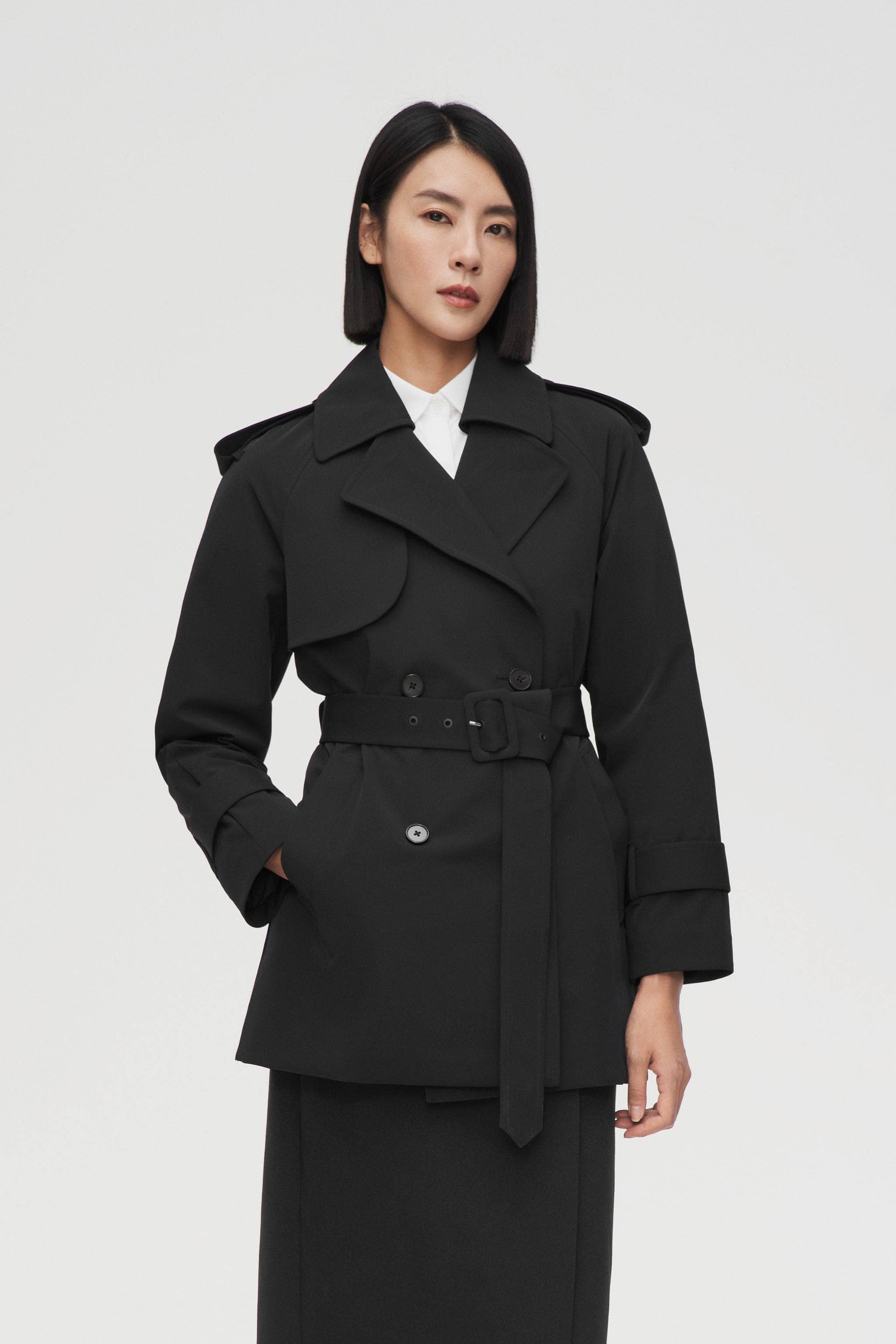 Women's Double Breasted Short Trench — Chic meets function in the Women's Double Breasted Trench in Black, sizes 4–14; water-resistant, windproof