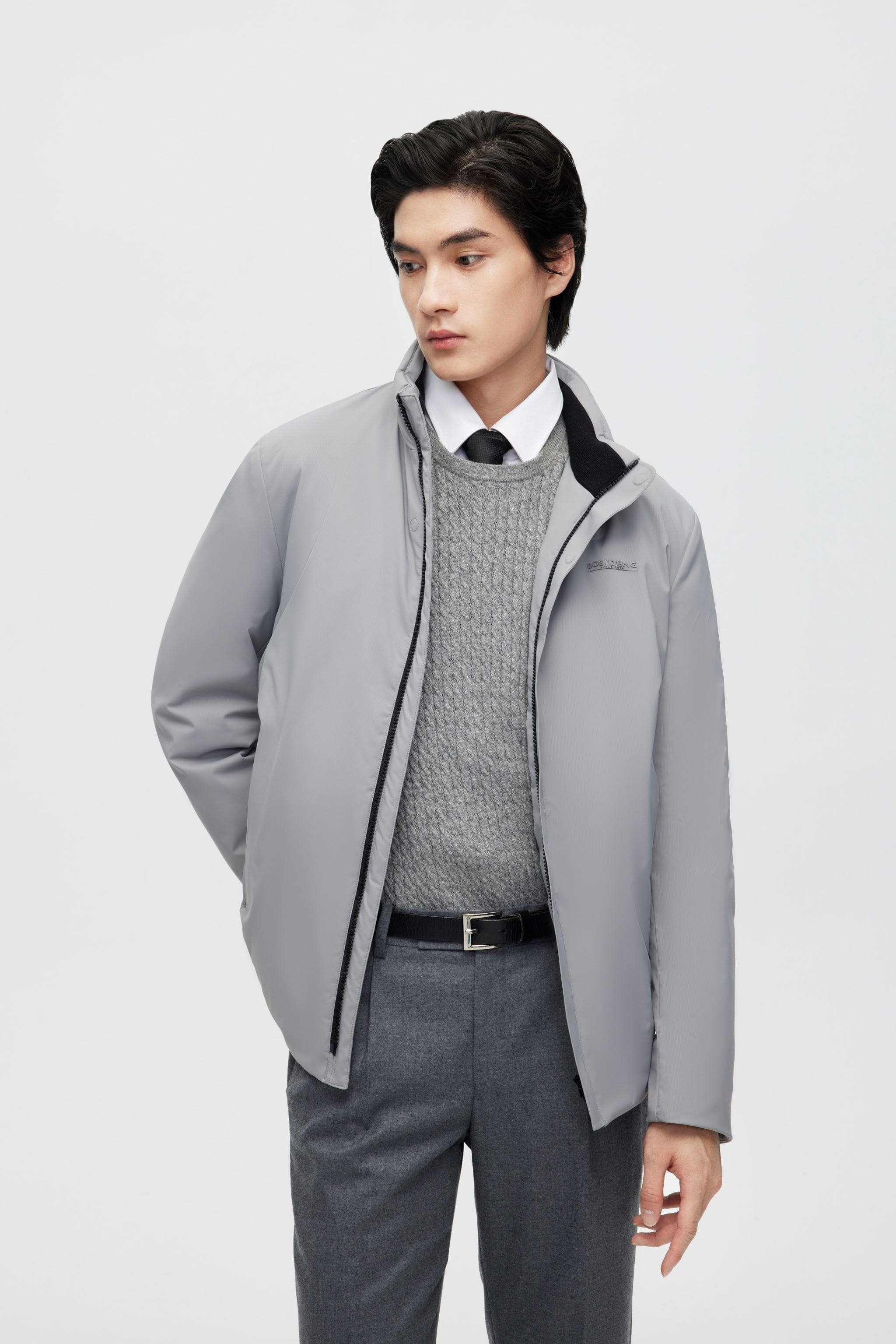 Stand Collar Goose Down Short Trench — Experience ultimate warmth with our deluxe 700+ fill goose down and flawless in Classic Grey, sizes XS–XXXL
