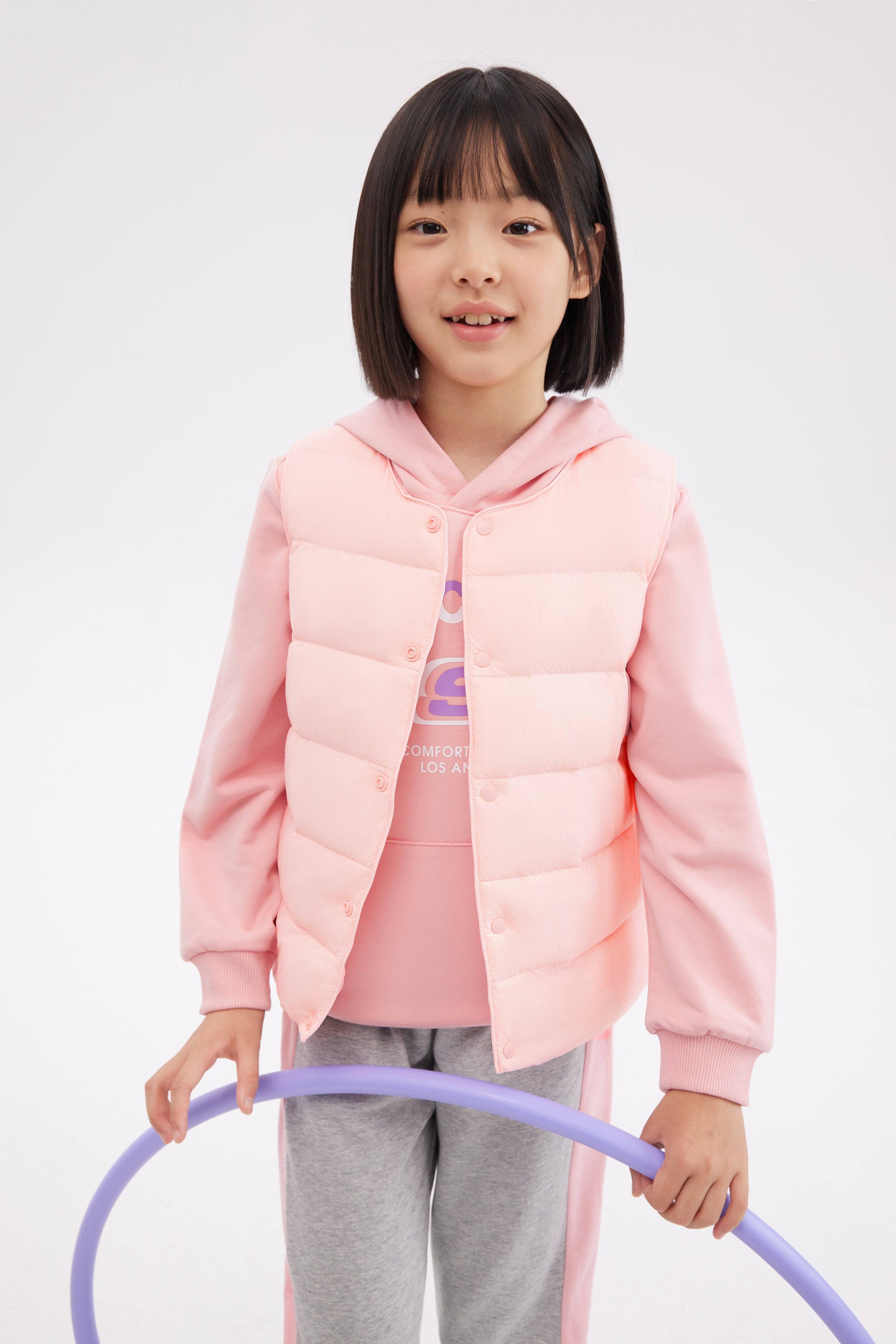 Kid's Ultra-light Down Gilet — Experience ultimate comfort and warmth with our lightweight soft-touch fabric in Pink, sizes 3-4 yrs–13-14 yrs; water-resistant