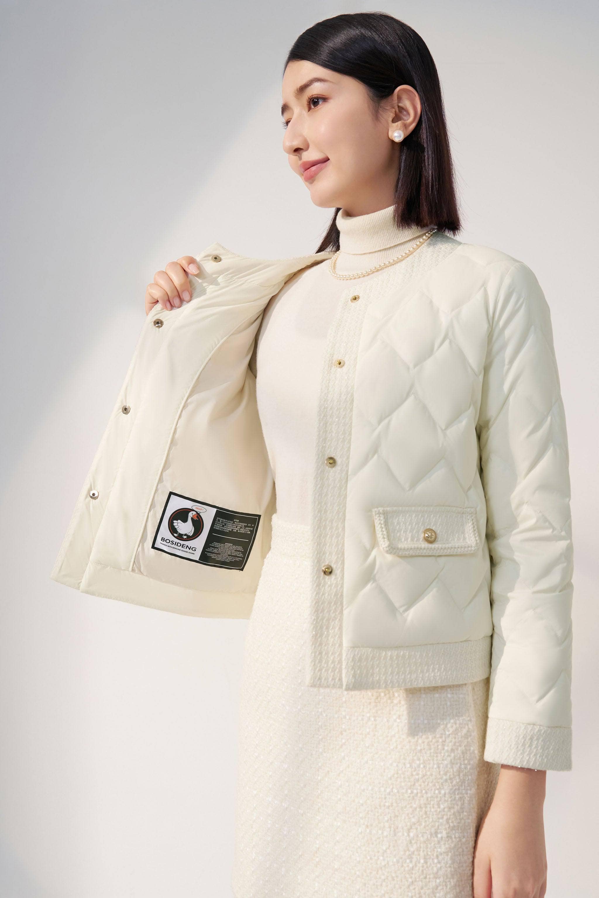 BOSIDENG 2023 Womens Goose Down Houndstooth Jacket Jacket 4 / Birch White