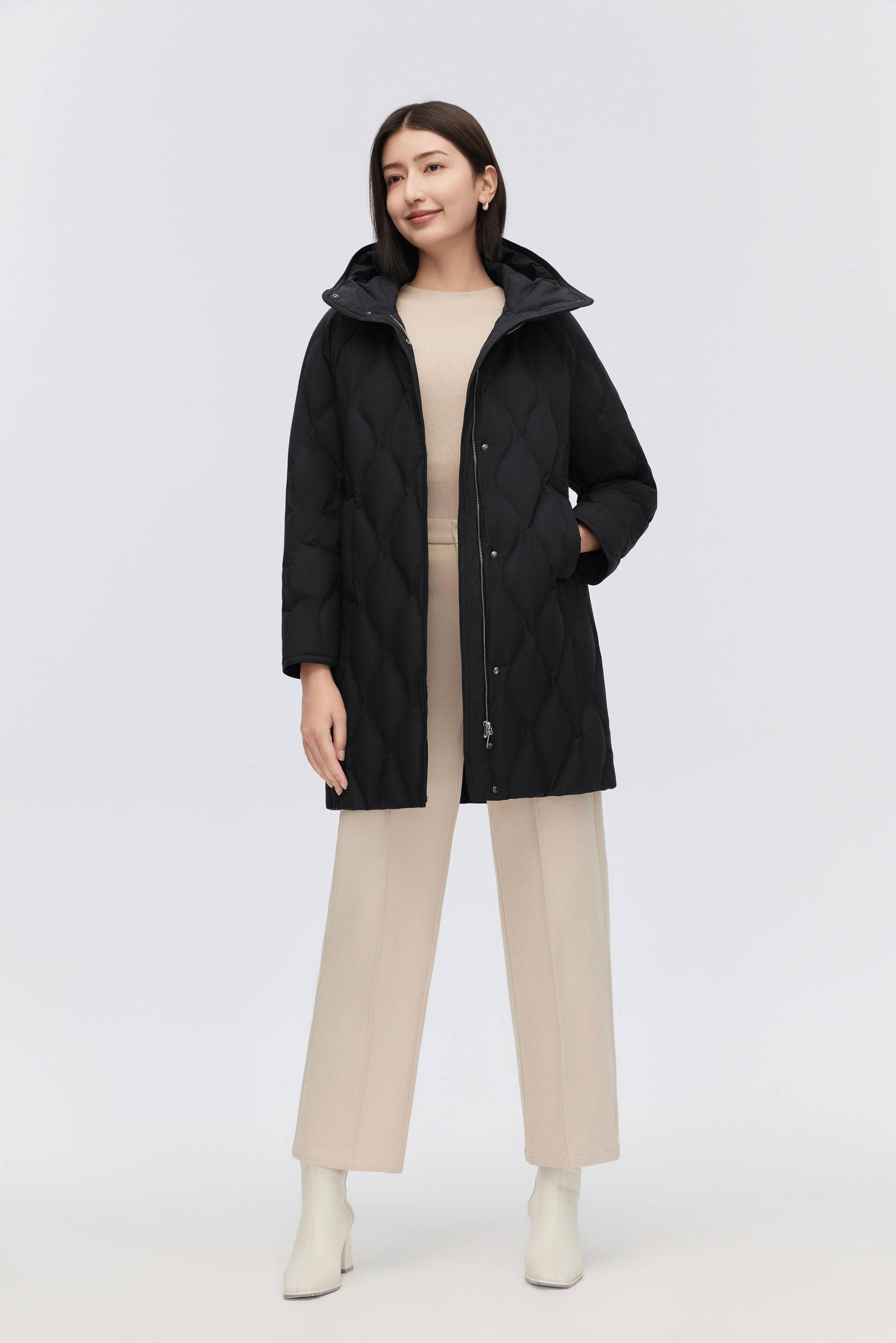 BOSIDENG 2023 Women's Classic Business Thigh Length Goose Down Coat Jacket 4 / Black