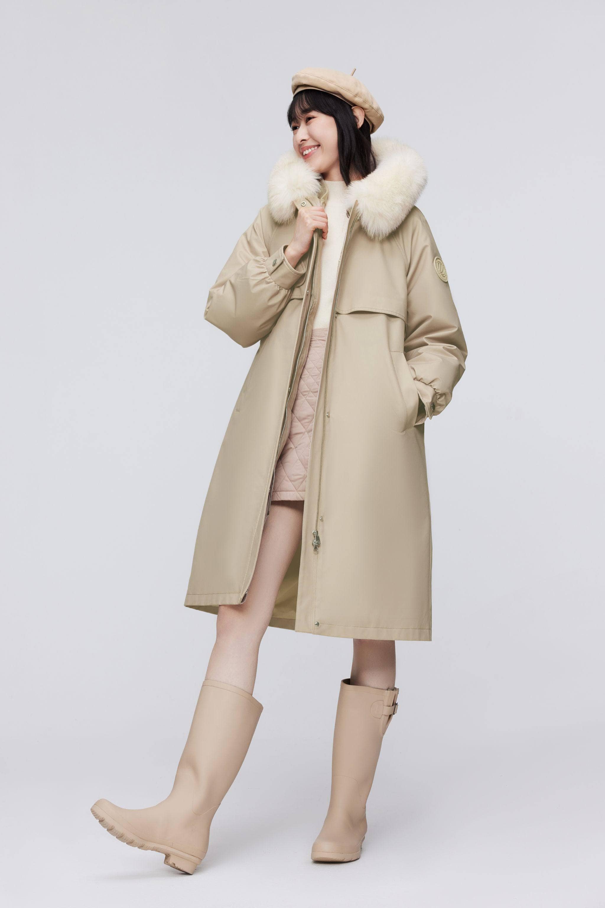 BOSIDENG 2023 Knee Length Fox Fur Down Parka Jacket 4 / Khaki