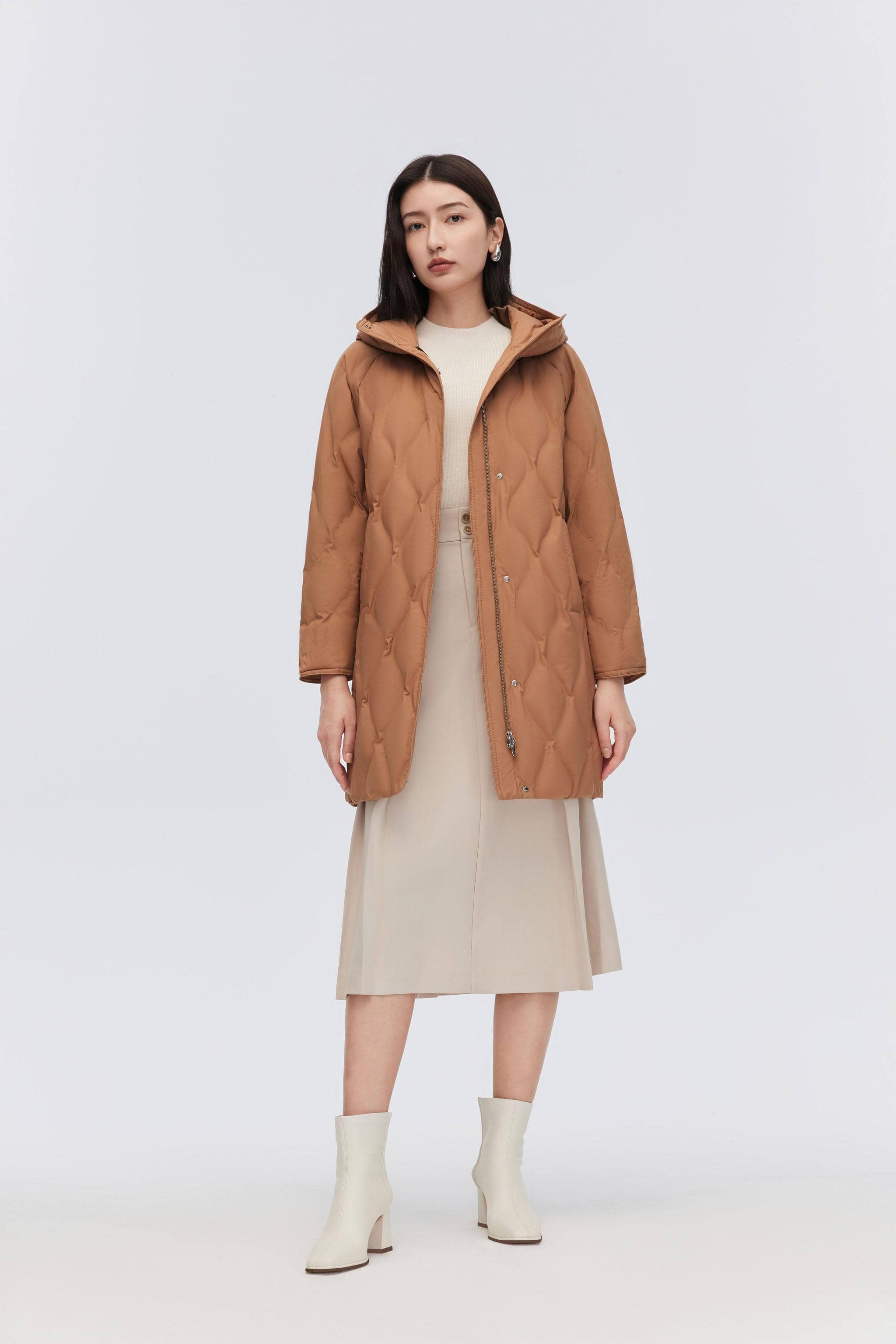 BOSIDENG 2023 Women's Classic Business Thigh Length Goose Down Coat Jacket 4 / Latte