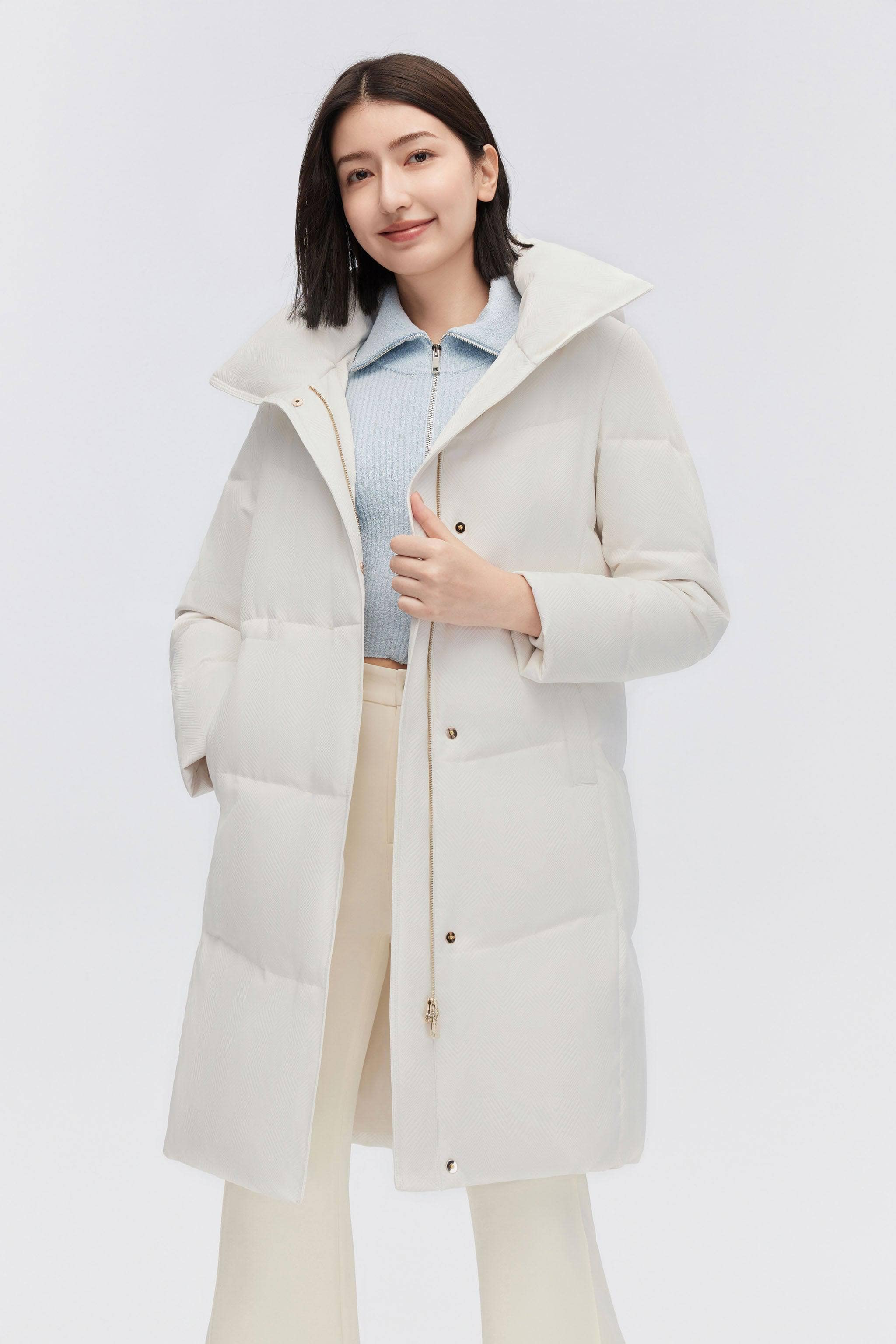 BOSIDENG 2023 Women's Classic Business Knee Length Goose Down Coat Jacket 4 / Off White Jacquard