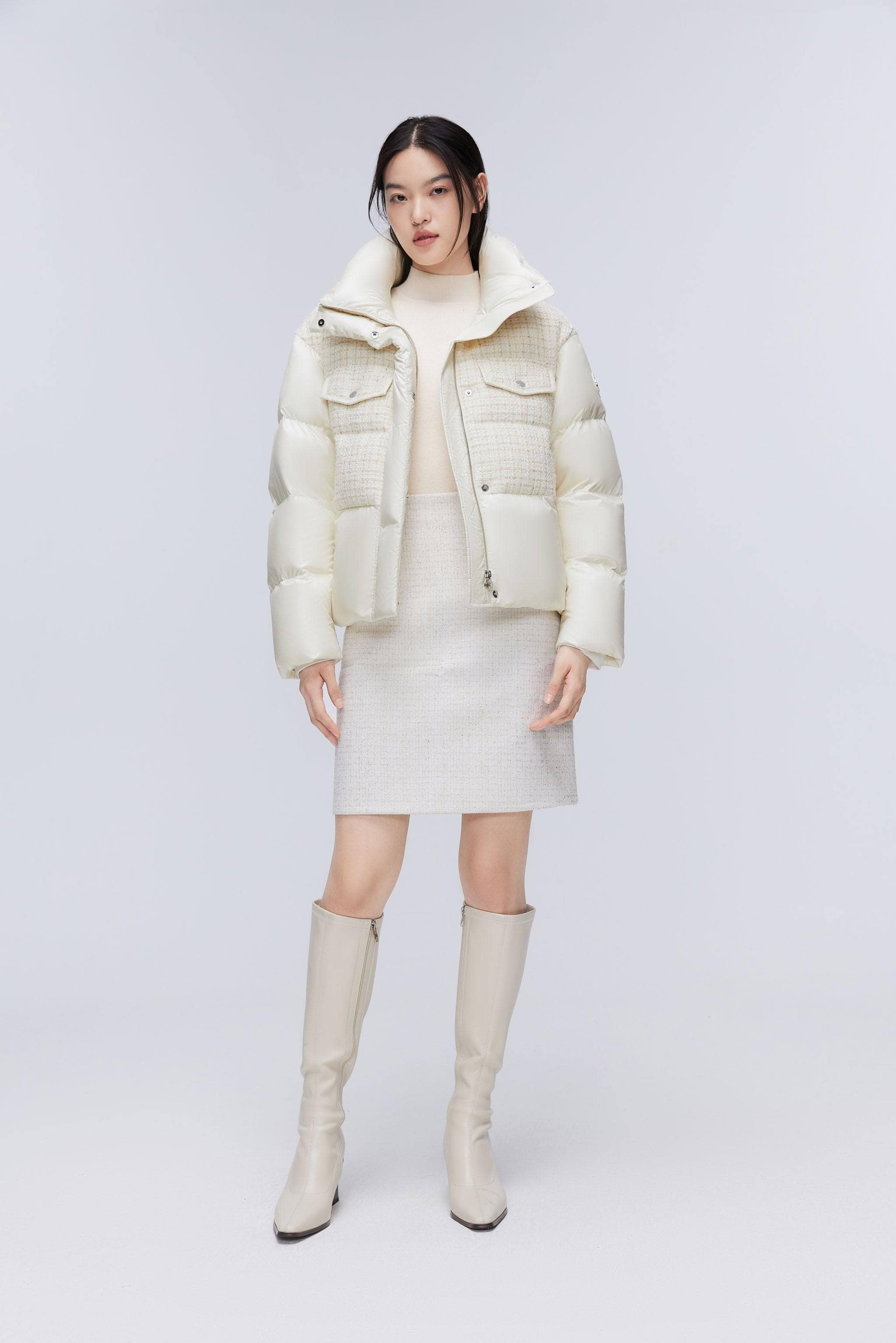 BOSIDENG 2023 Women's Premium Puffer Goose Down Jacket 3184 4 / White and Golden Check Tweed