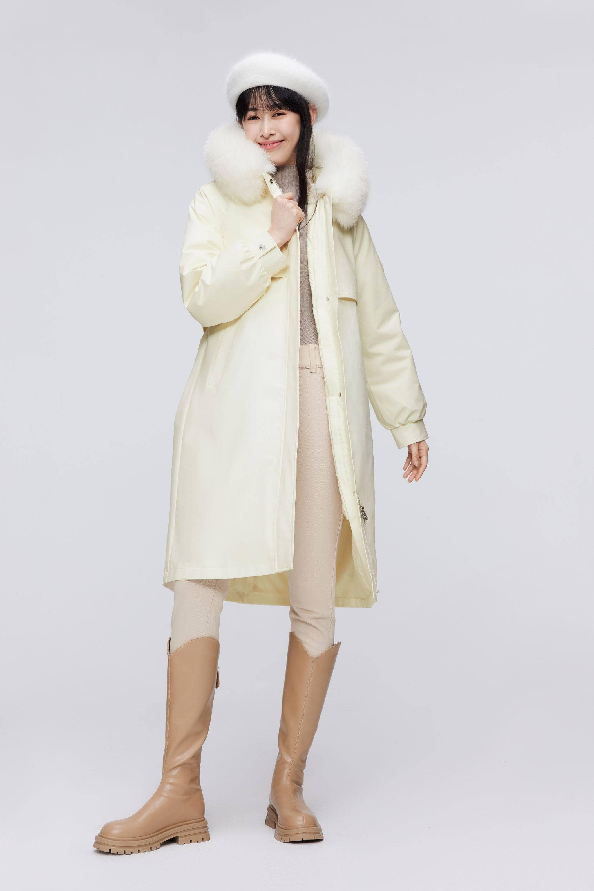 BOSIDENG 2023 Knee Length Fox Fur Down Parka Jacket 4 / Yellow Iris