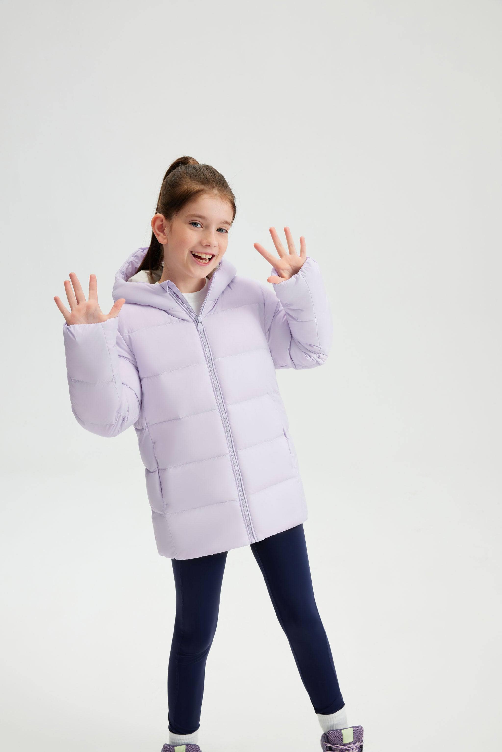 Kid's Down Jacket With Hood — Effortless storage and portability with on-the-go convenience in Lilac, sizes 6-7 yrs–14-15 yrs; water-resistant