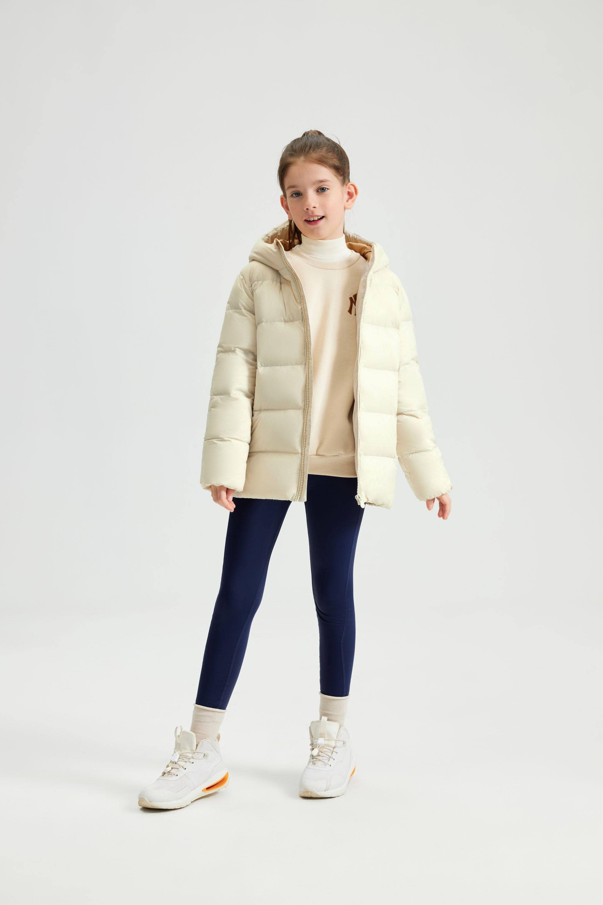 Kid's Down Jacket With Hood — Effortless storage and portability with on-the-go convenience in Oat, sizes 6-7 yrs–14-15 yrs; water-resistant