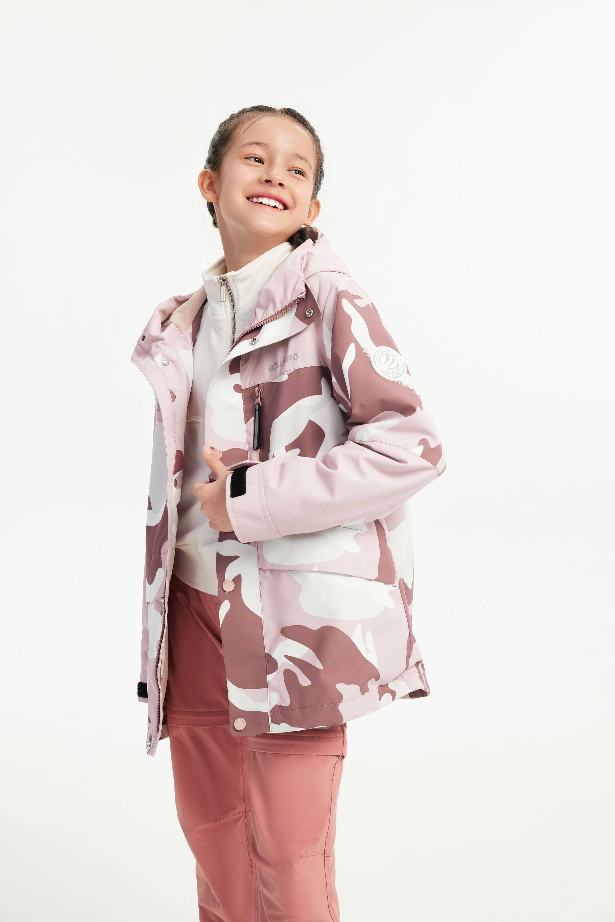 BOSIDENG 2023 Kid's 3 in 1 Waterproof Hoody Down Jacket Jacket 7-8Y / Camo Pink