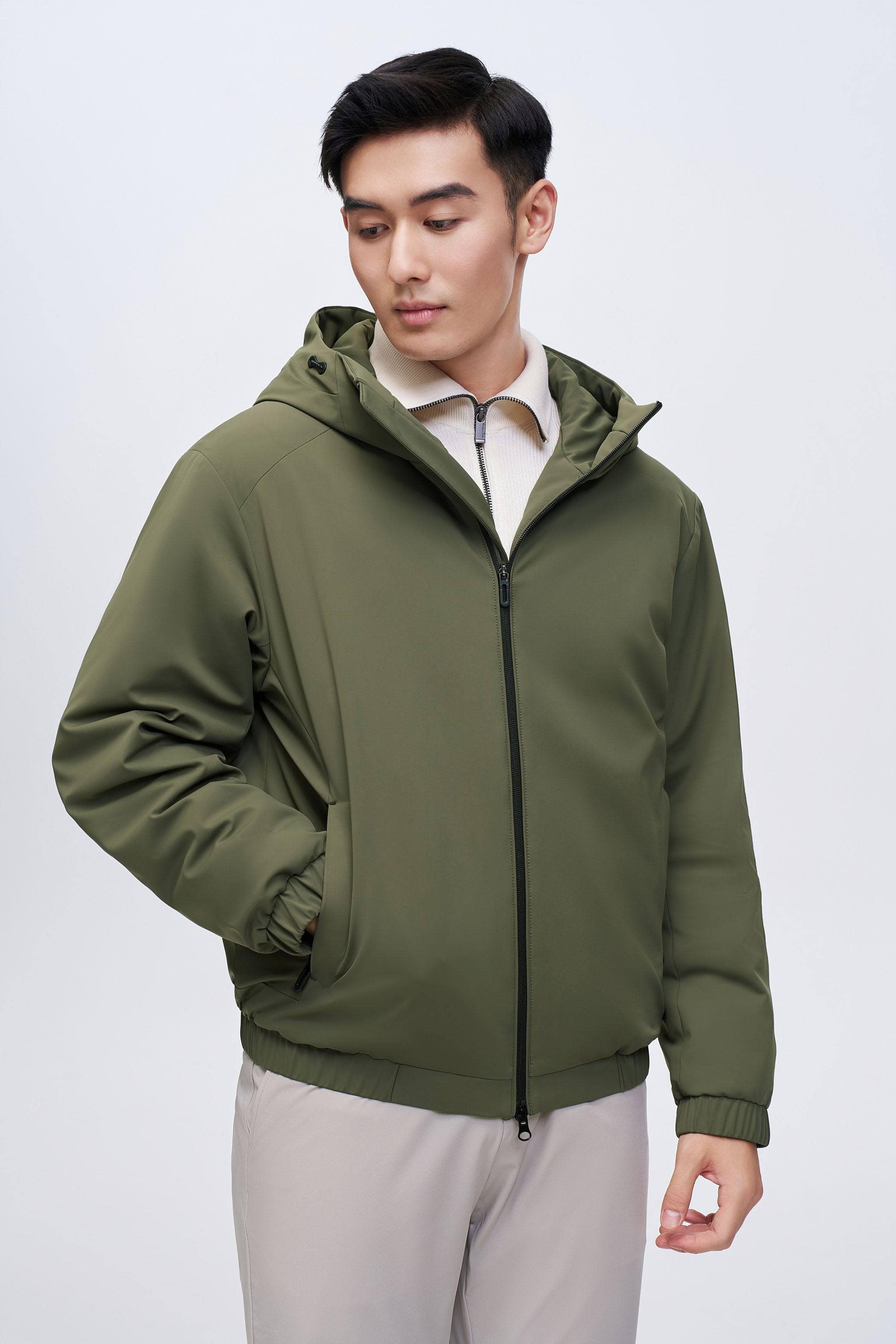 Men's Goose Down Anti-creases Jacket — The Men's Goose Down Jacket offers a sophisticated H-shape silhouette in Olive, sizes S–XXXL; windproof