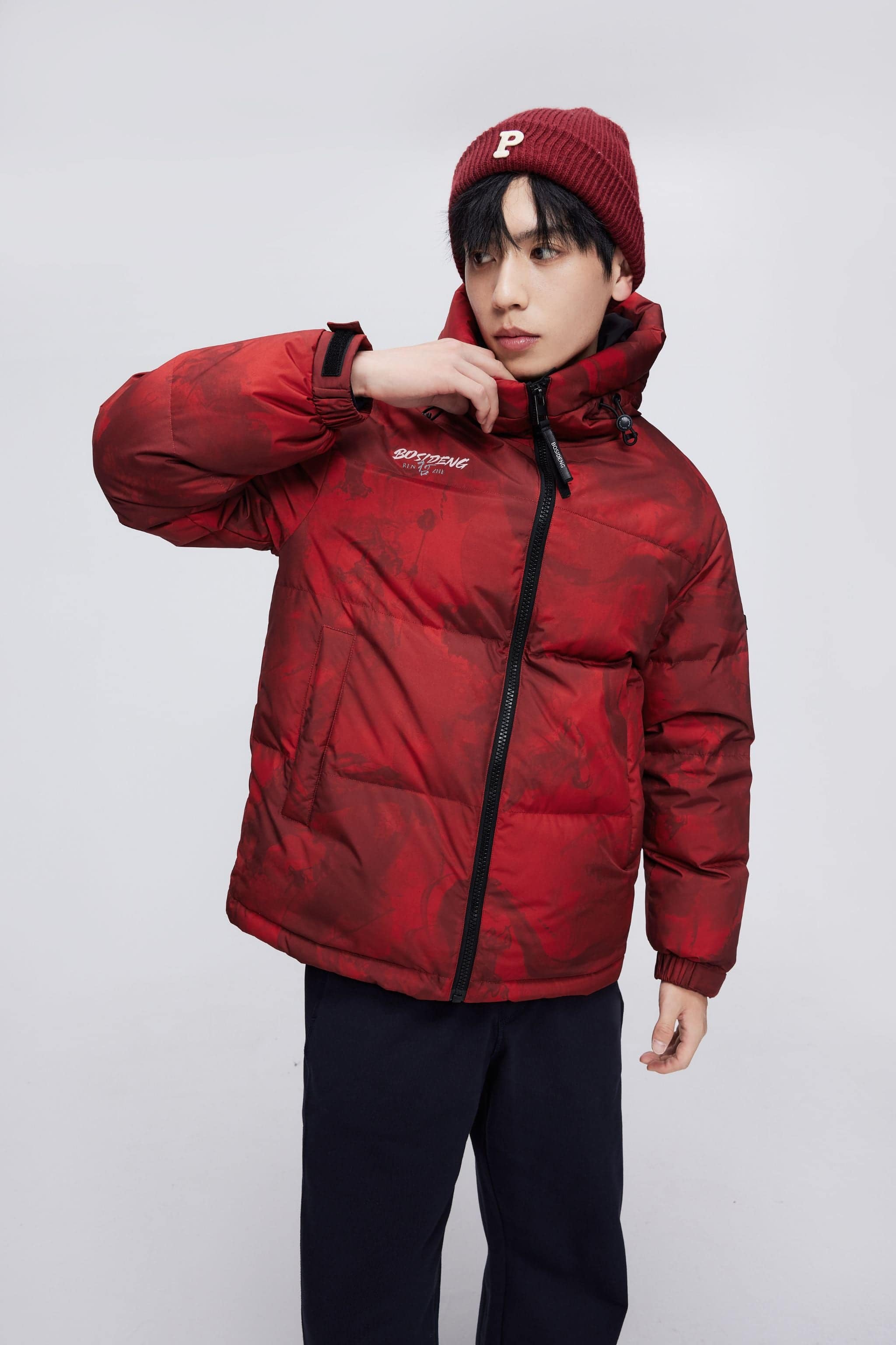 BOSIDENG 2023 Classic Down Jacket with Hood 3330 Jacket Subtle Red Dragon Print / XXS
