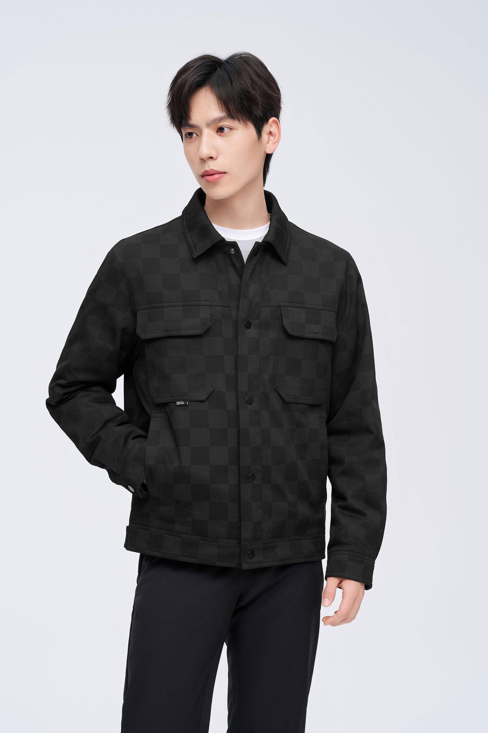 BOSIDENG 2023 Men's Jacquard Fabric Down Shacket Jacket XS / Black Chessboard