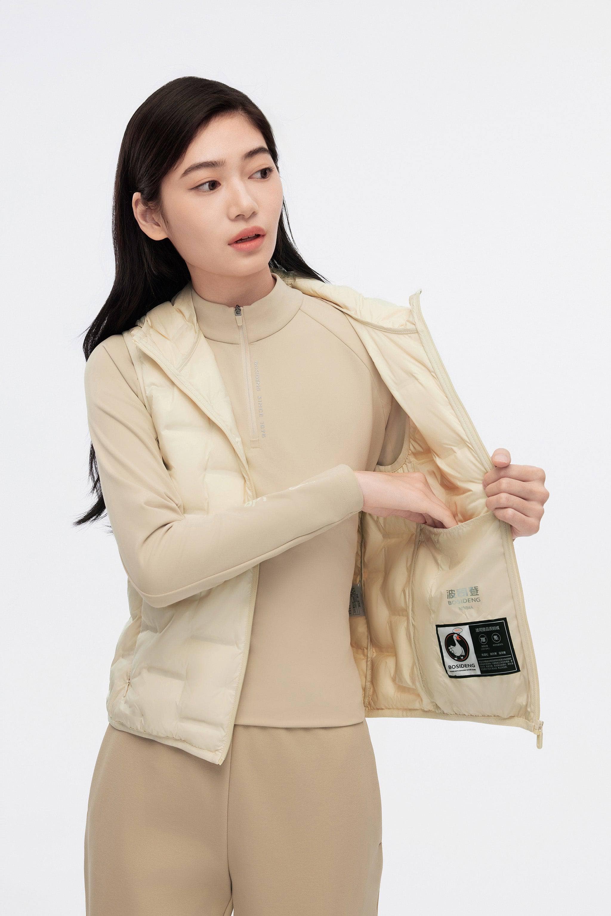 Women's Goose Down Hooded Gilet 1032 — Discover the Women's Goose Down Hooded Gilet in Cream, sizes 4–16; windproof