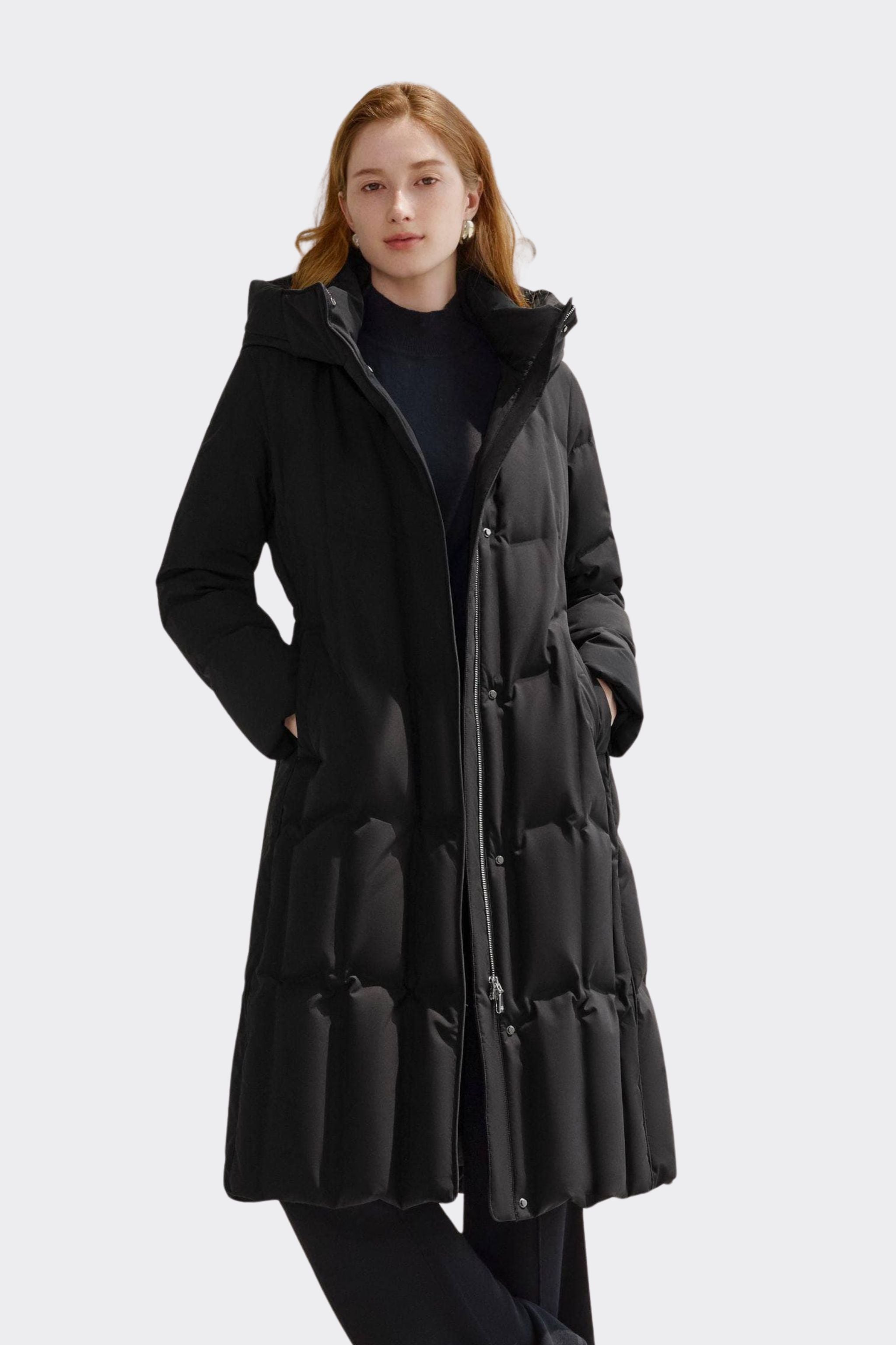 Women's Long Goose Down Coat With Elasticated Waist — Soft cotton fabric ensures comfort in Black, sizes 4–18