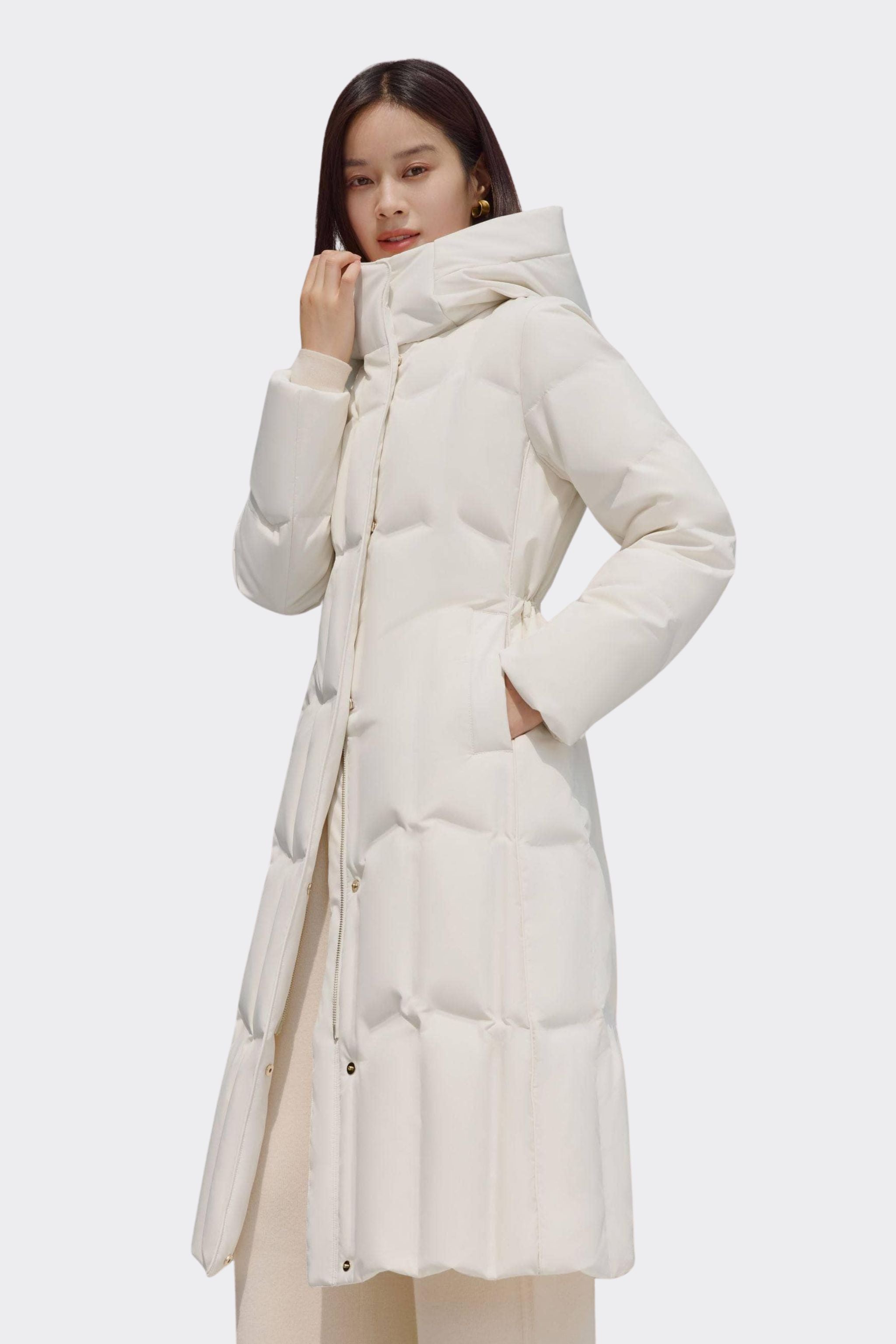Women's Long Goose Down Coat With Elasticated Waist — Soft cotton fabric ensures comfort in Cream, sizes 4–18