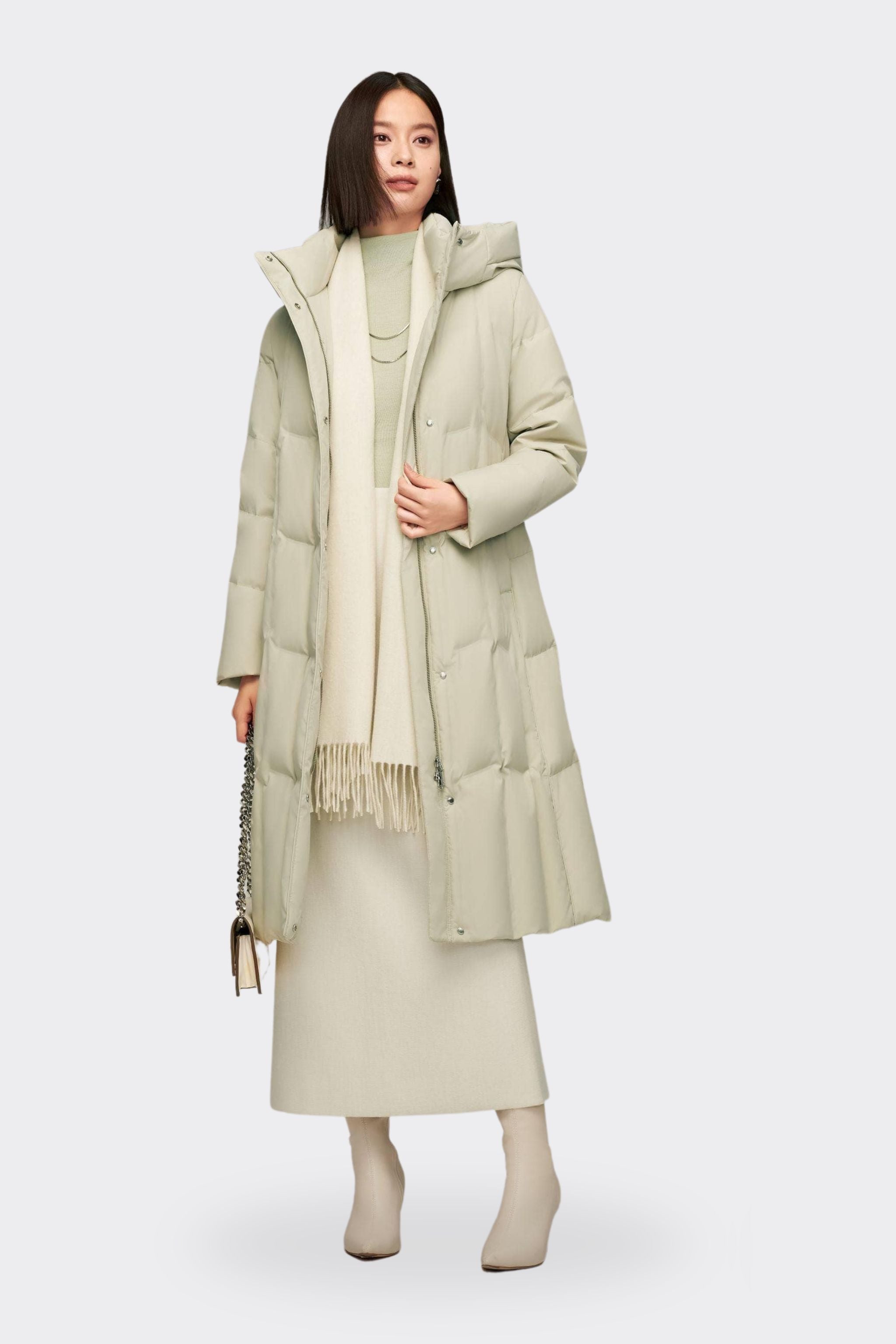Women's Long Goose Down Coat With Elasticated Waist — Soft cotton fabric ensures comfort in Green grey, sizes 4–14