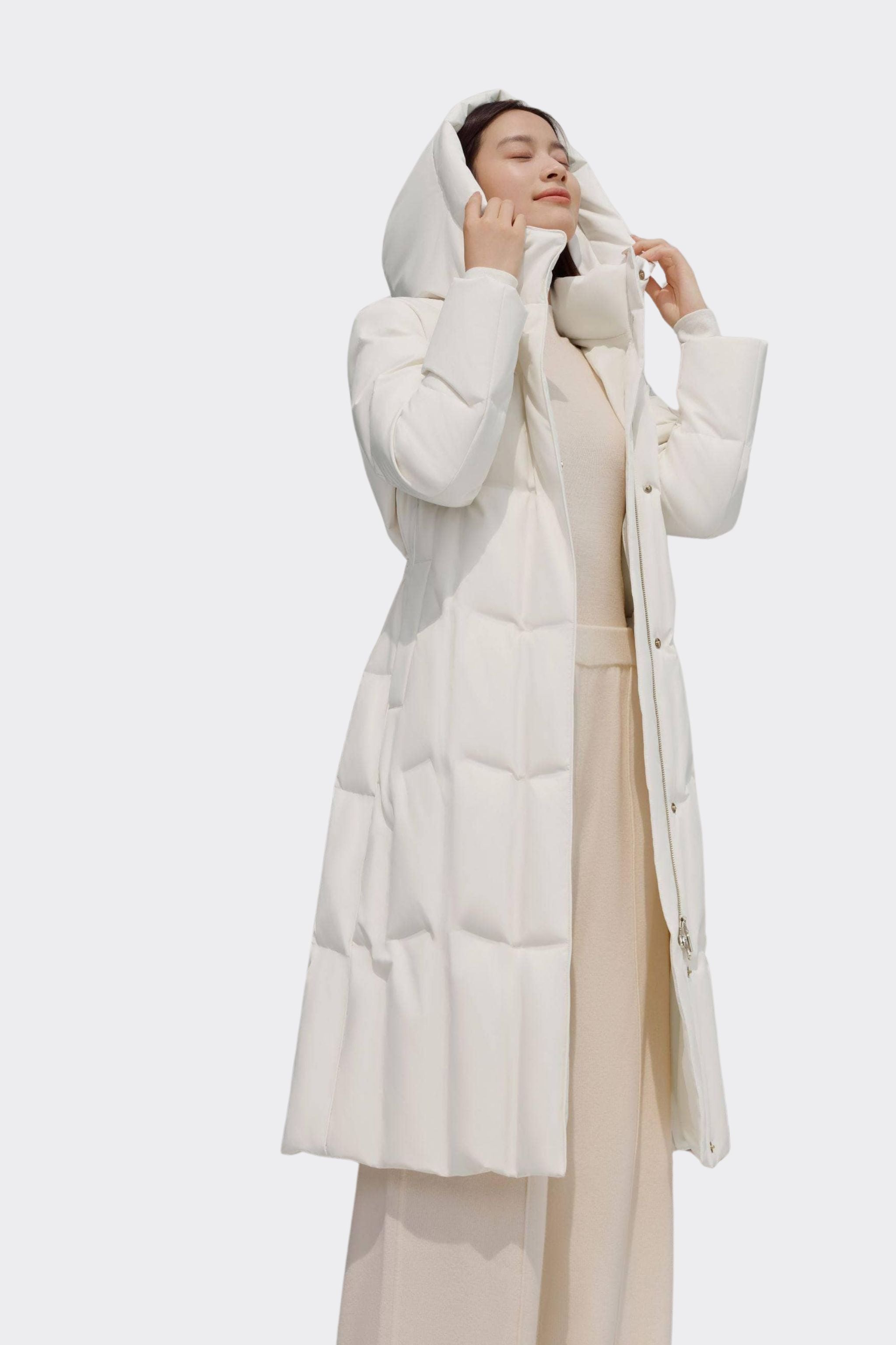 Women's Long Goose Down Coat With Elasticated Waist — Soft cotton fabric ensures comfort