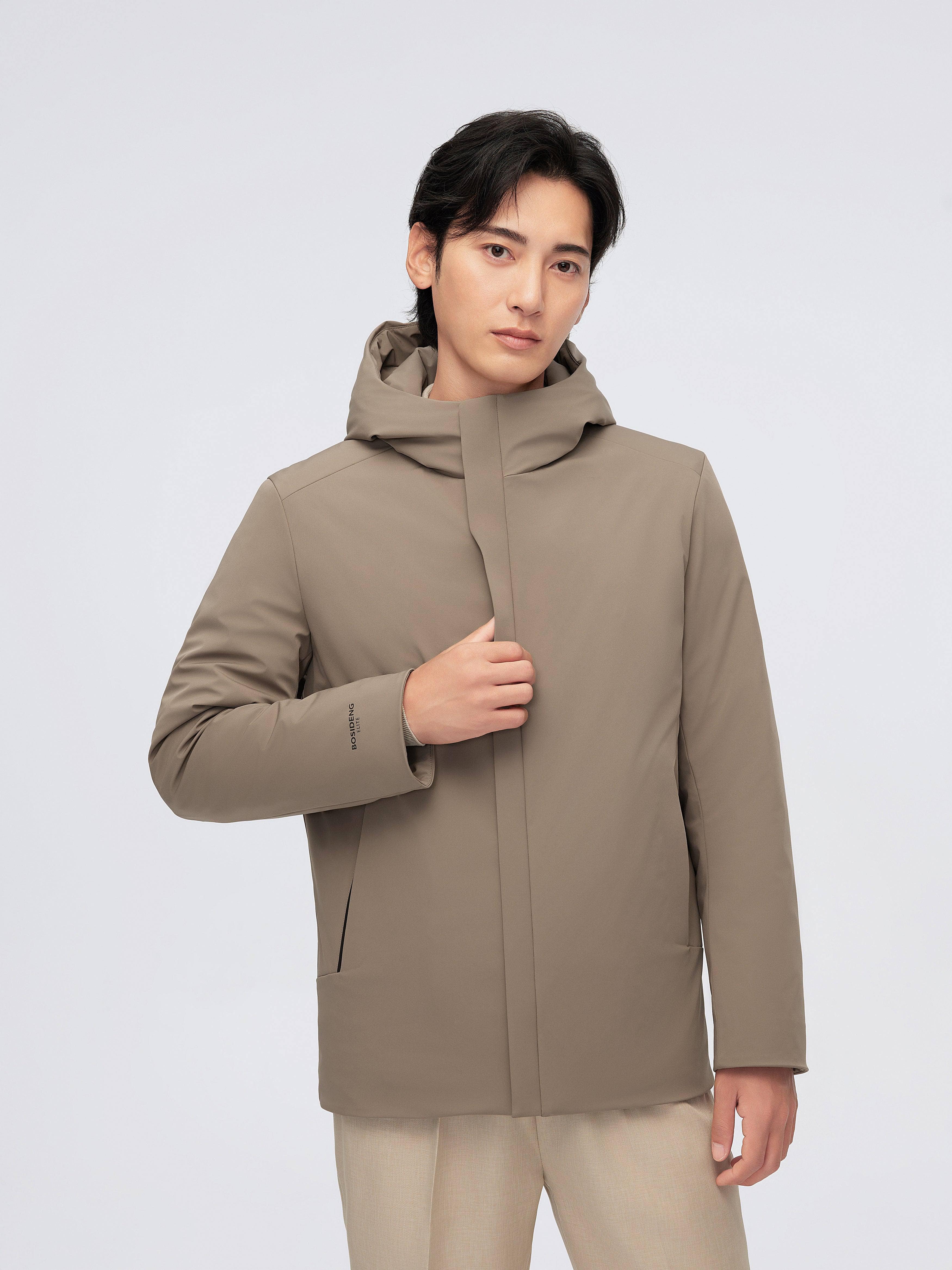 Men's Goose Down Windbreaker With Hood 4155 — The Men's Goose Down Windbreaker, designed for optimal warmth and style in Dark Olive, sizes XXXL–S; waterproof
