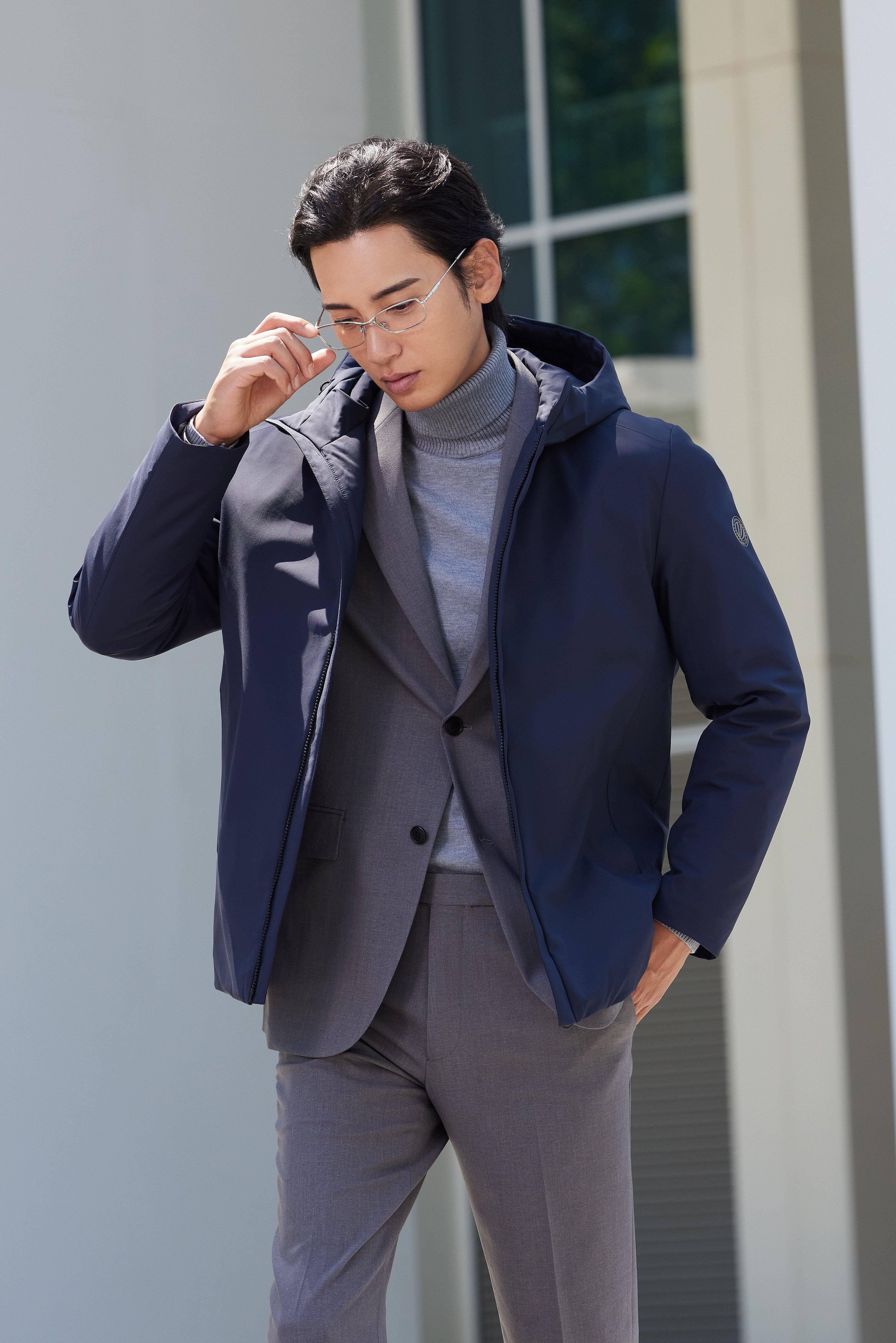Men's Goose Down Windbreaker With Hood 4155 — The Men's Goose Down Windbreaker, designed for optimal warmth and style in Dream Blue, sizes XXXL–S; waterproof