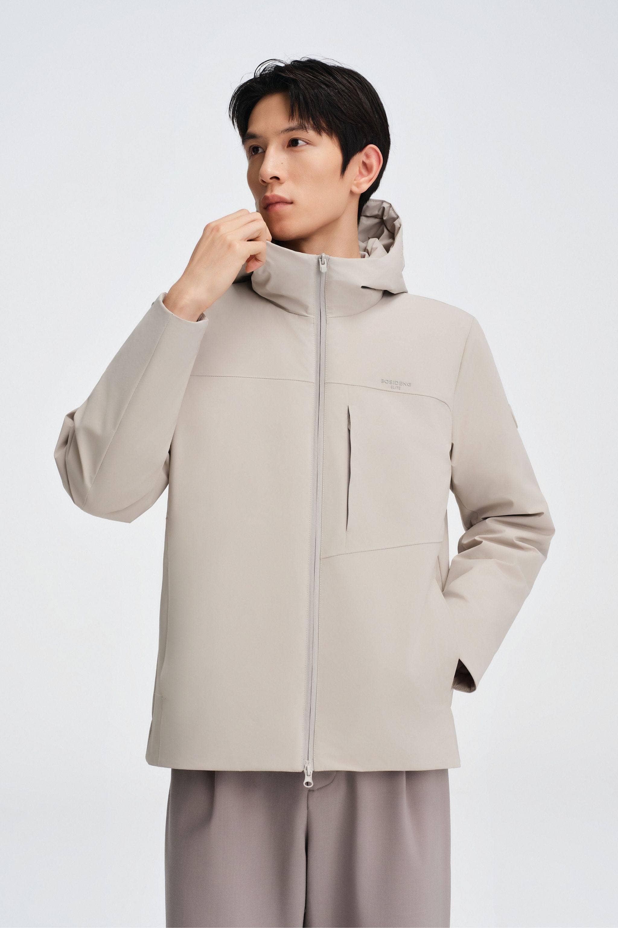BOSIDENG 2025 Men's Short Length Goose Down Business Jacket With Hood Ascot Grey / XS