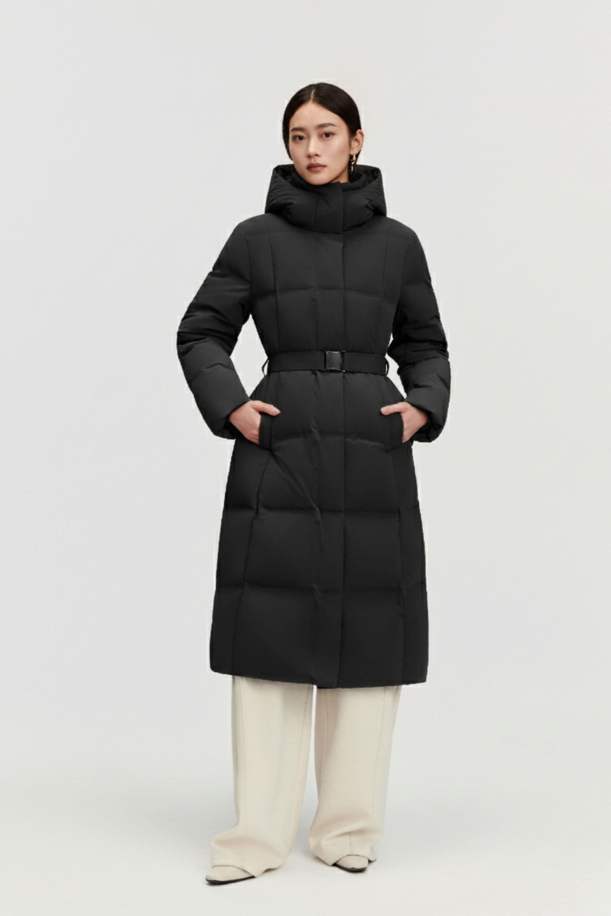 BOSIDENG 2025 Women's Business Classic Hooded Goose Down Jacket With Belt 156 Jacket Black / 4