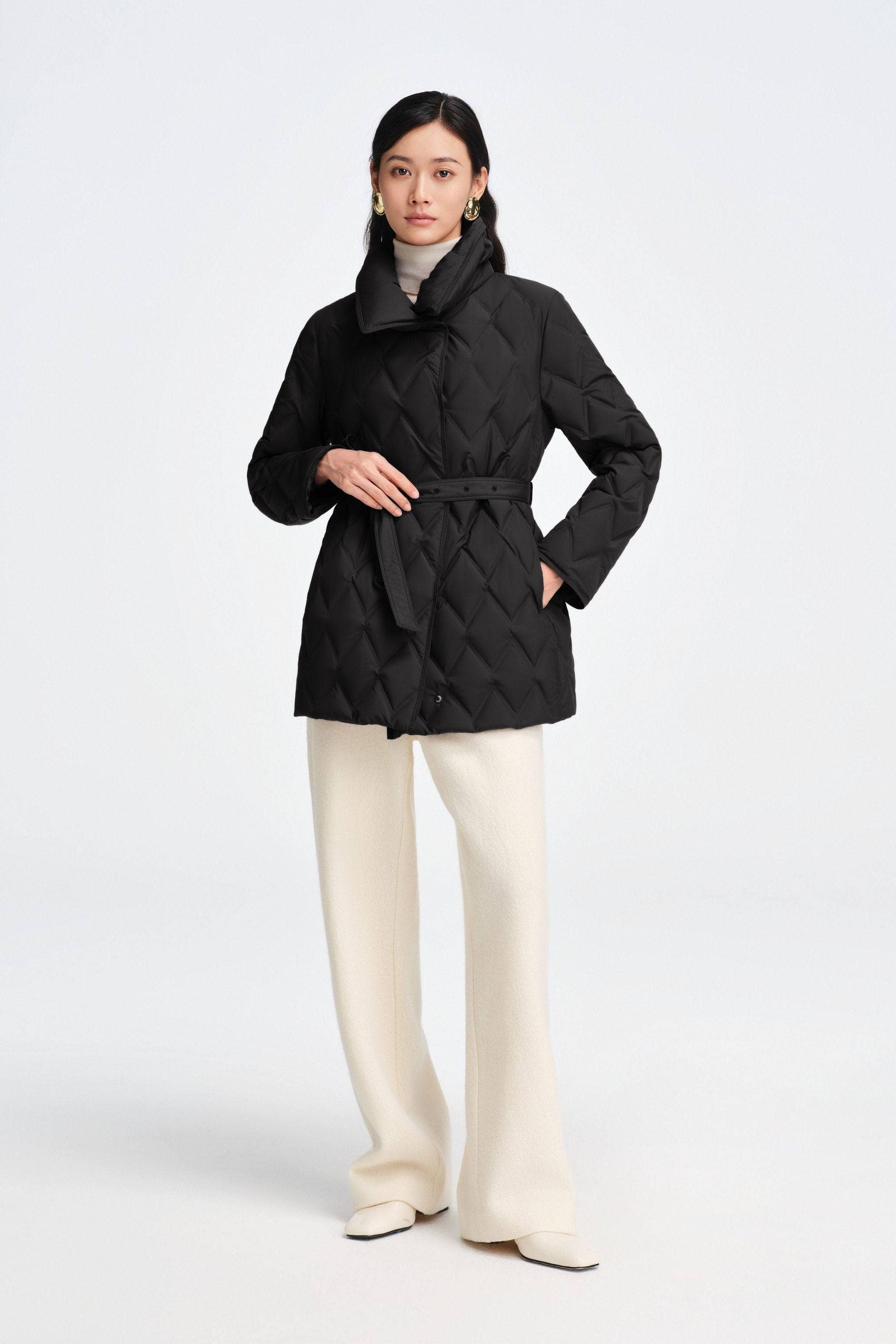 BOSIDENG 2025 Women's Waist Length Goose Down Business Jacket With Belt Jacket Black / 4