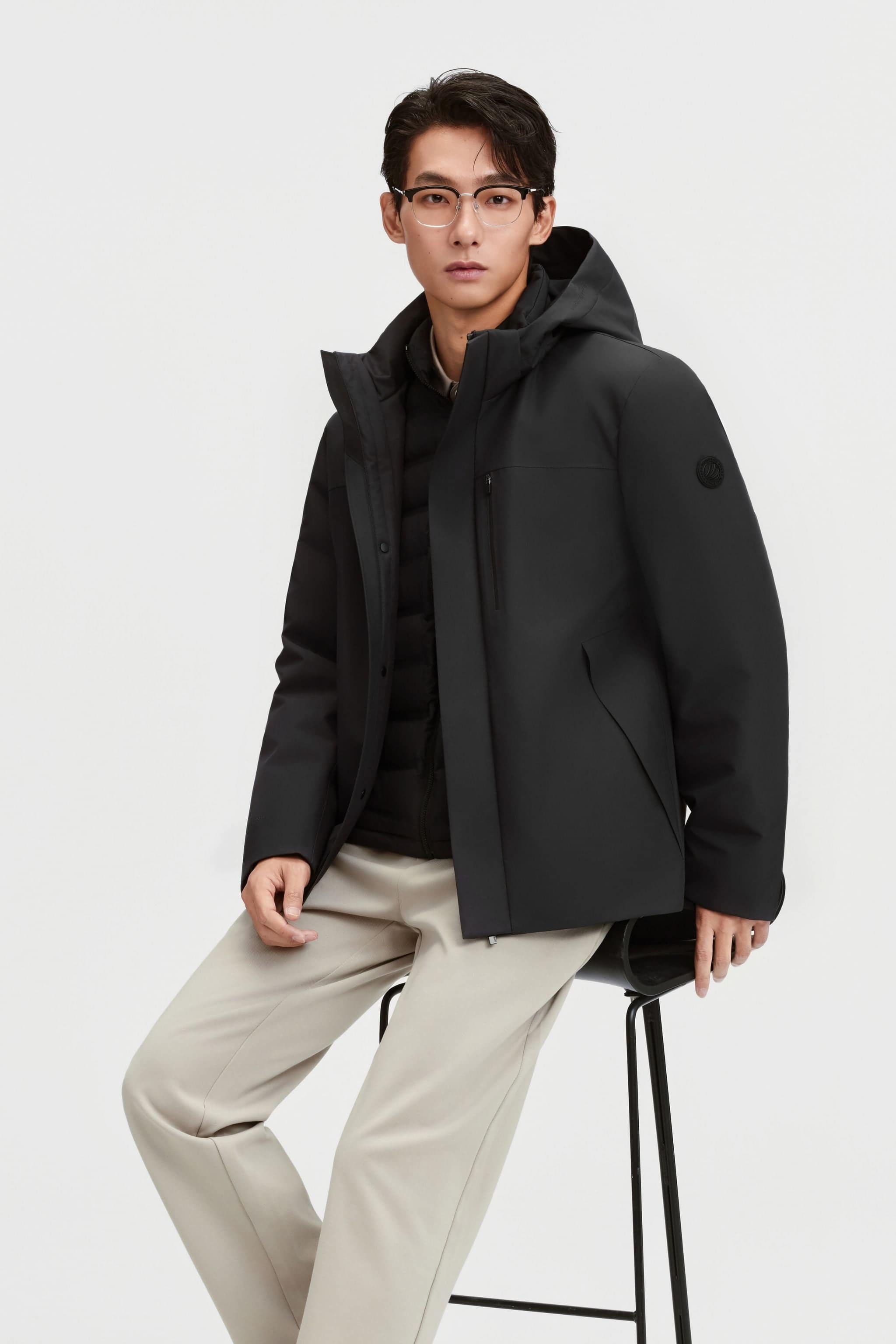 Men's Business Classic Goose Down Jacket With Hood 121 — three-in-one down jacket transitions effortlessly from in Black, sizes XS–XXXL; water-resistant