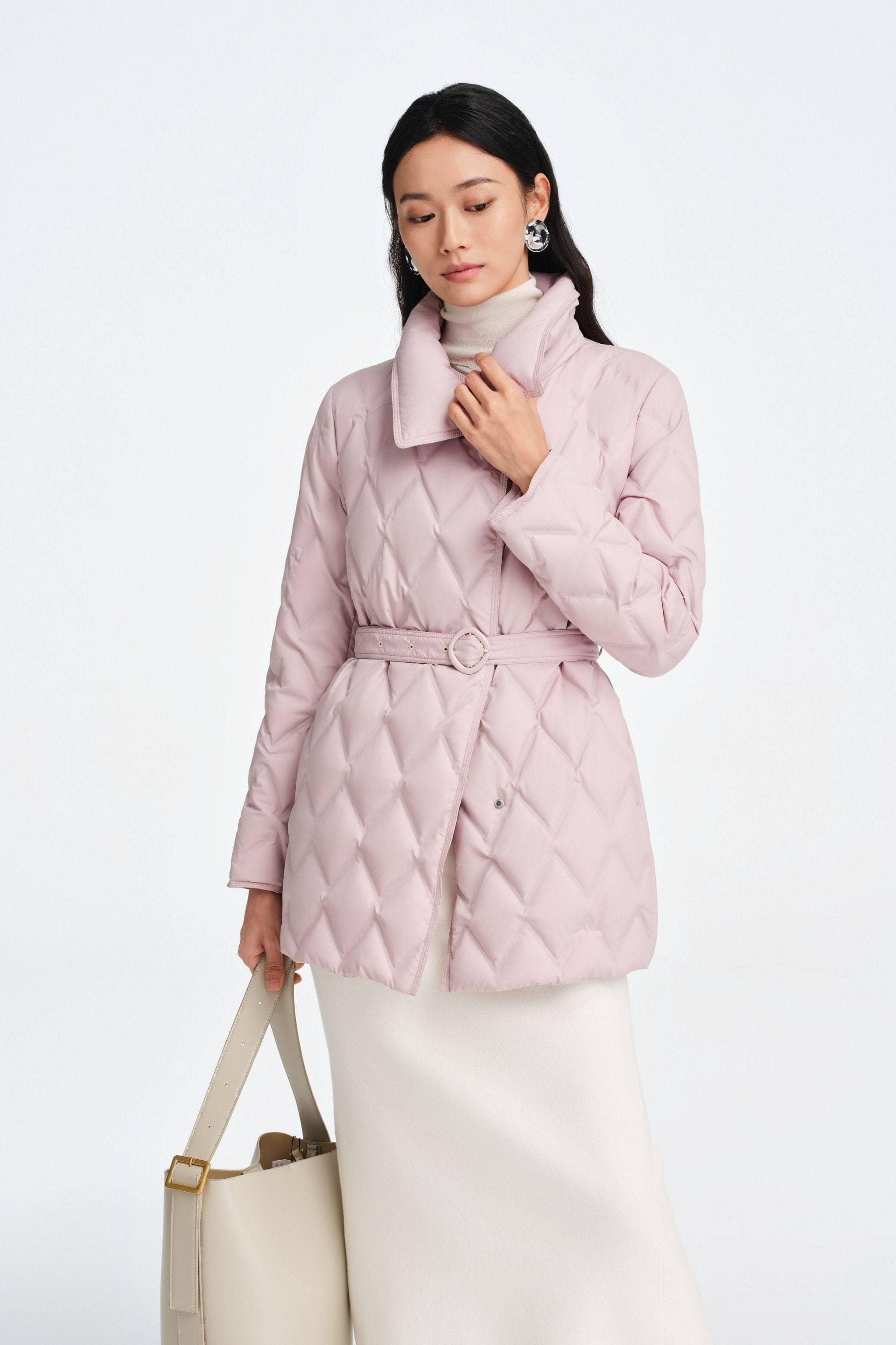 BOSIDENG 2025 Women's Waist Length Goose Down Business Jacket With Belt Jacket Cherry Powder Pink (Dusky Rose) / 4