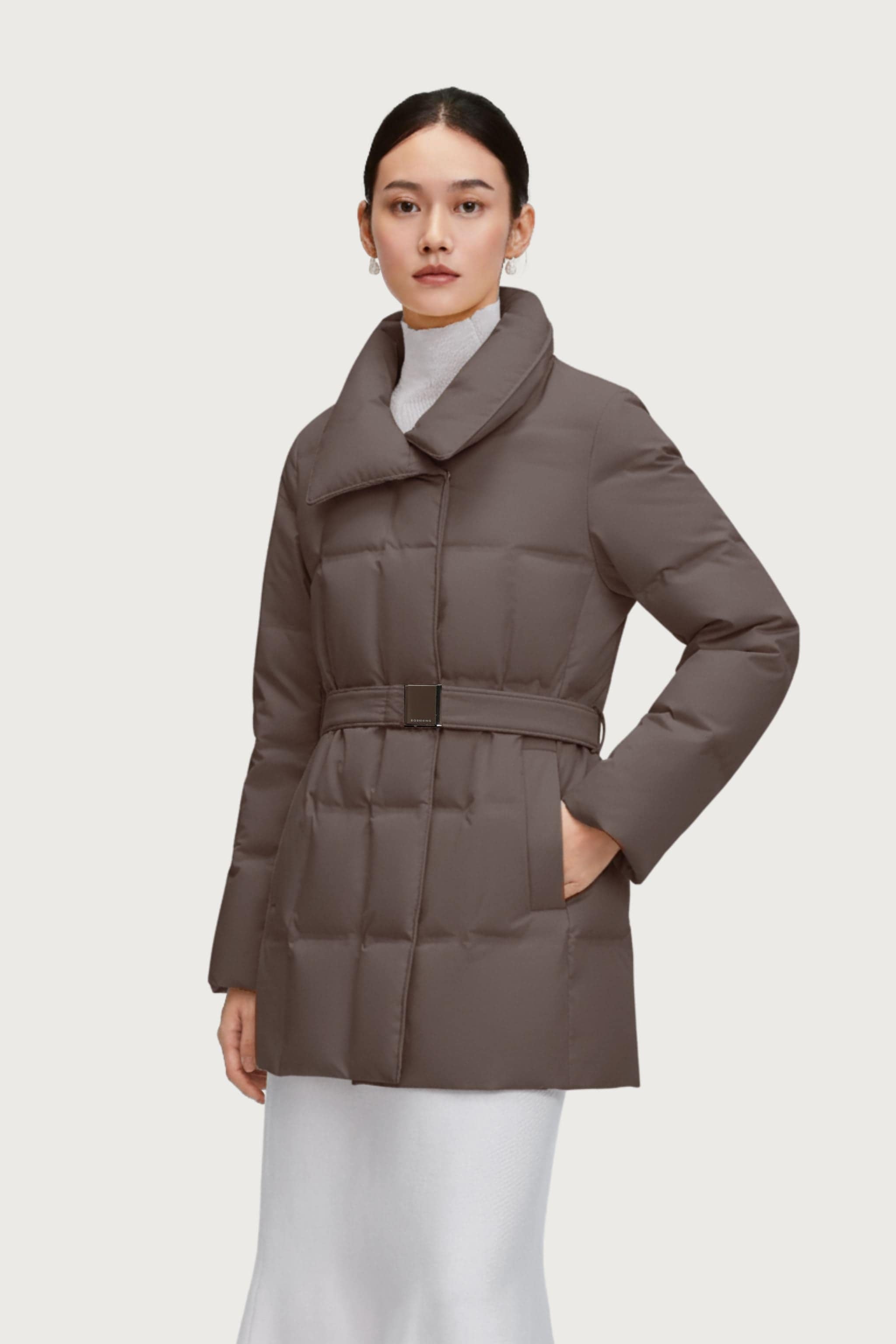Women's Goose Down Jacket With Belt 148 — belted down jacket brings effortless style to every winter moment in Chestnut Cocoa, sizes 4–16