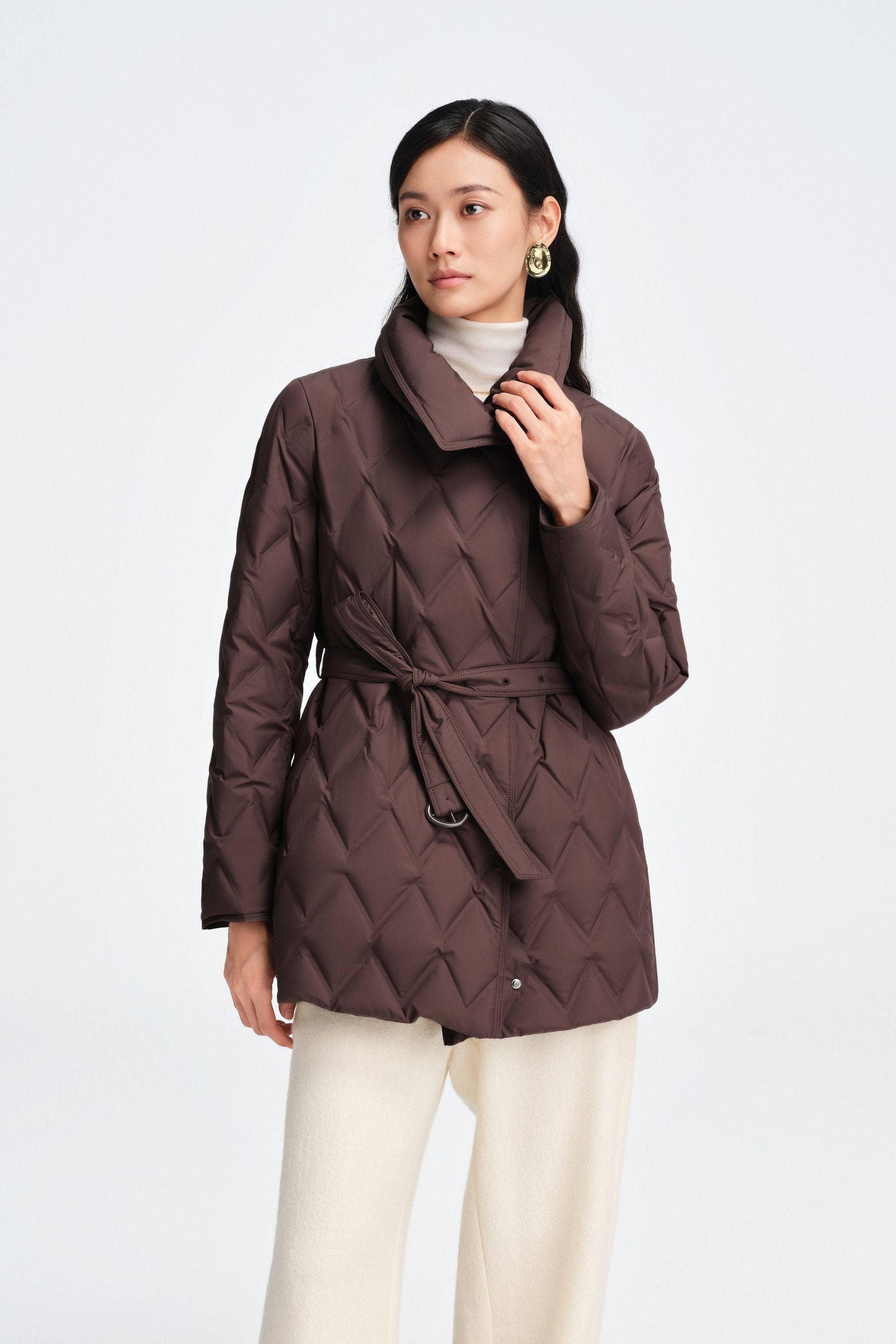 BOSIDENG 2025 Women's Waist Length Goose Down Business Jacket With Belt Jacket Chesnut Cocoa / 4