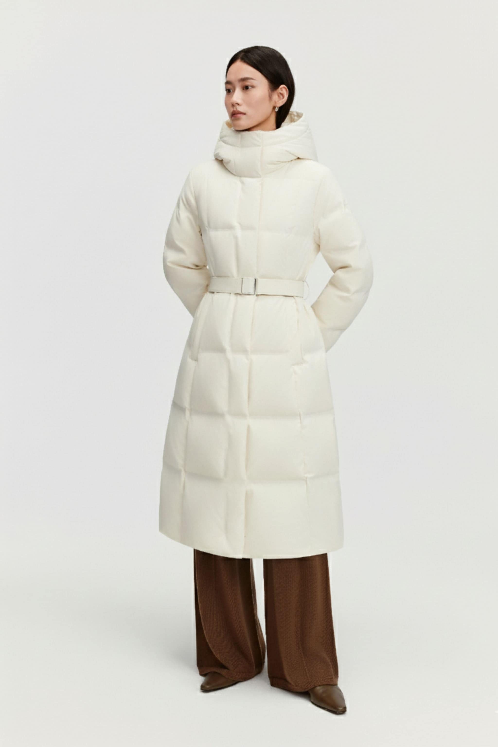 Women's Business Classic Hooded Goose Down Jacket With Belt 156 — full-length down jacket blends soft stretch cotton in Cream, sizes 4–16