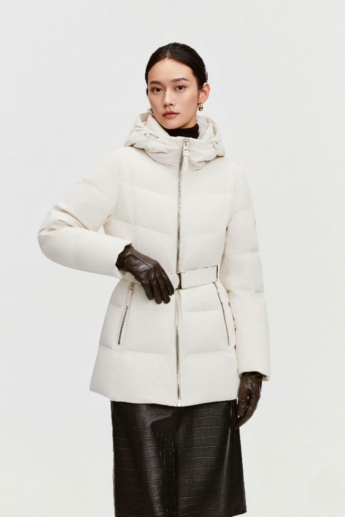 Women's Premium Extreme Short Goose Down Jacket With Belt 722 — jacket transitions seamlessly from outdoor commutes in Ivory, sizes 4–16; water-resistant, windproof