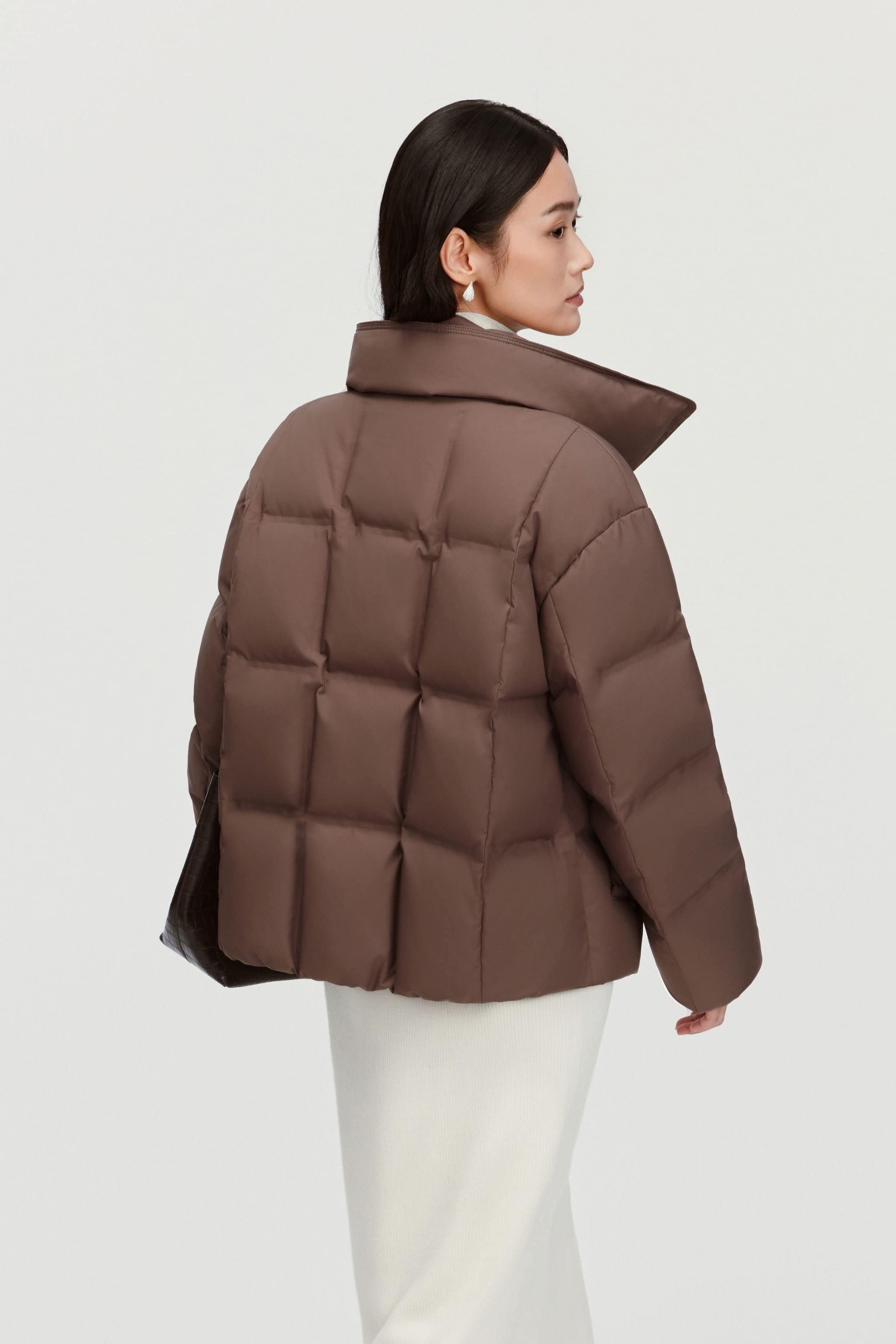 Women's Business Classic Goose Down Jacket With Lapel 112 — Crafted from refined Chinese jacquard fabric in Latte, sizes 4–14
