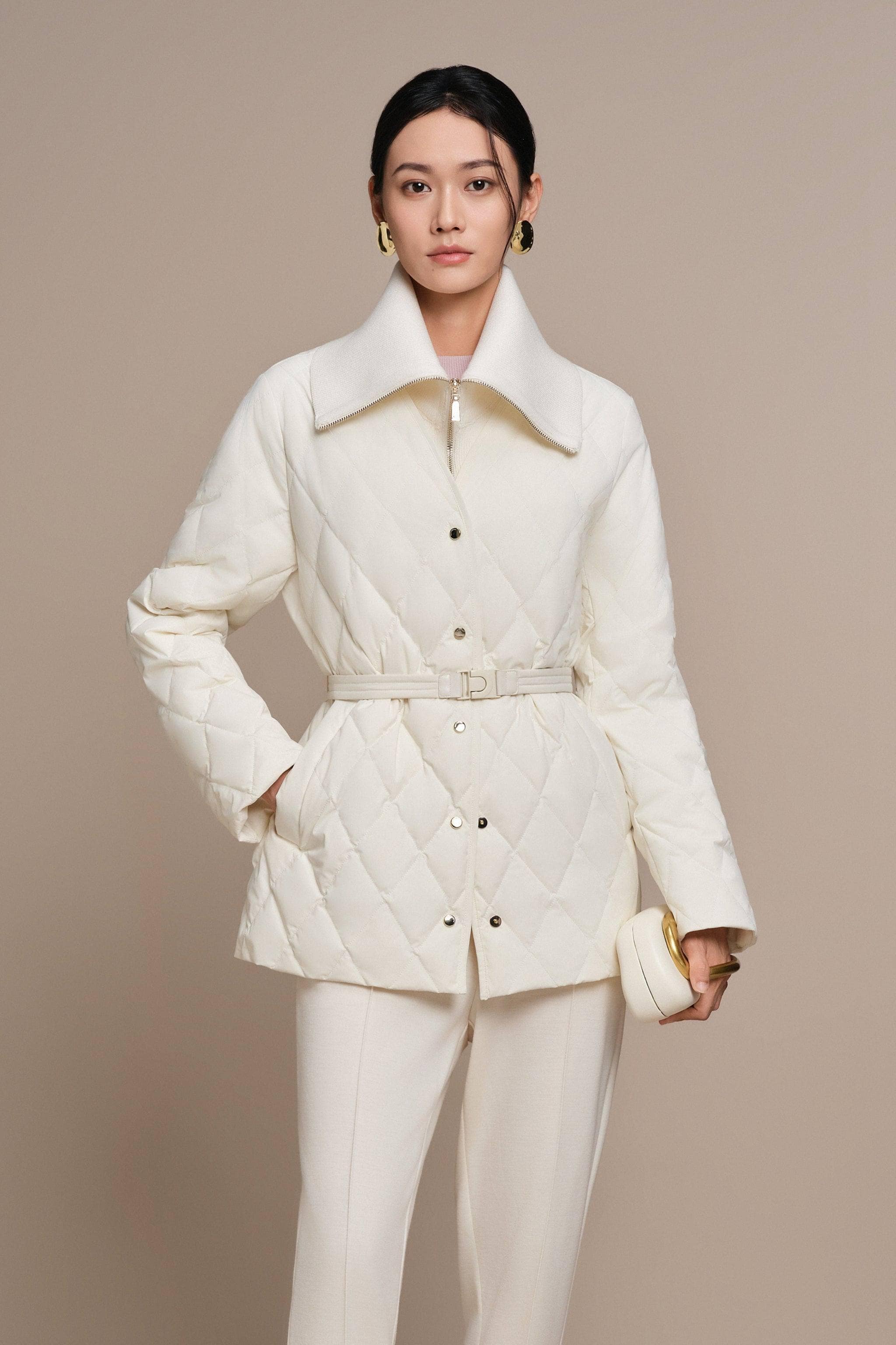 BOSIDENG 2025 Women's Mixed Media Goose Down Jacket With Belt Light Beige / 4