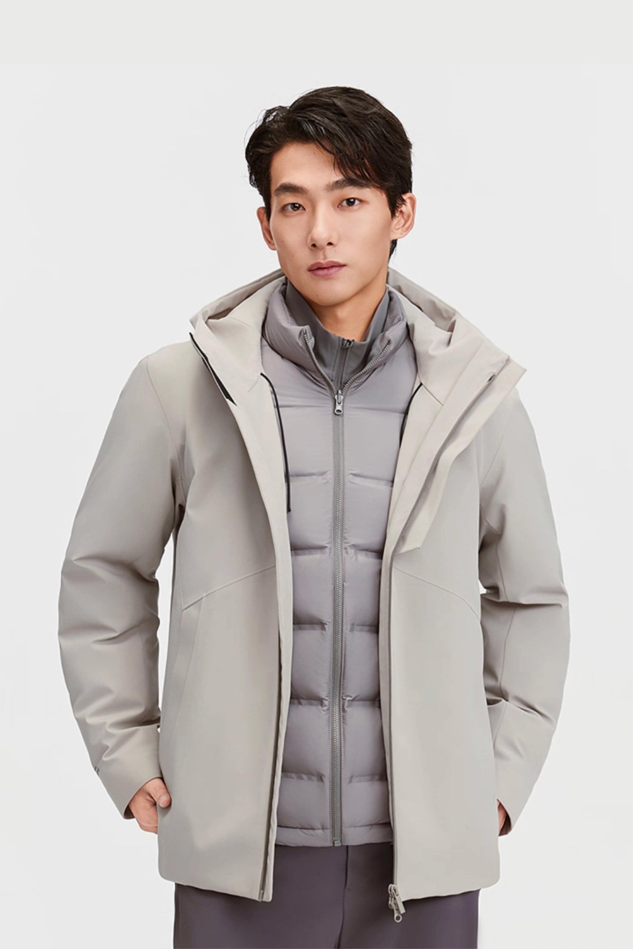 Men's Hooded 3 in 1 Goose Down Jacket 215 — versatile three-in-one jacket transitions seamlessly from city commutes in Ascot Grey, sizes XS–XXXL; water-resistant, windproof