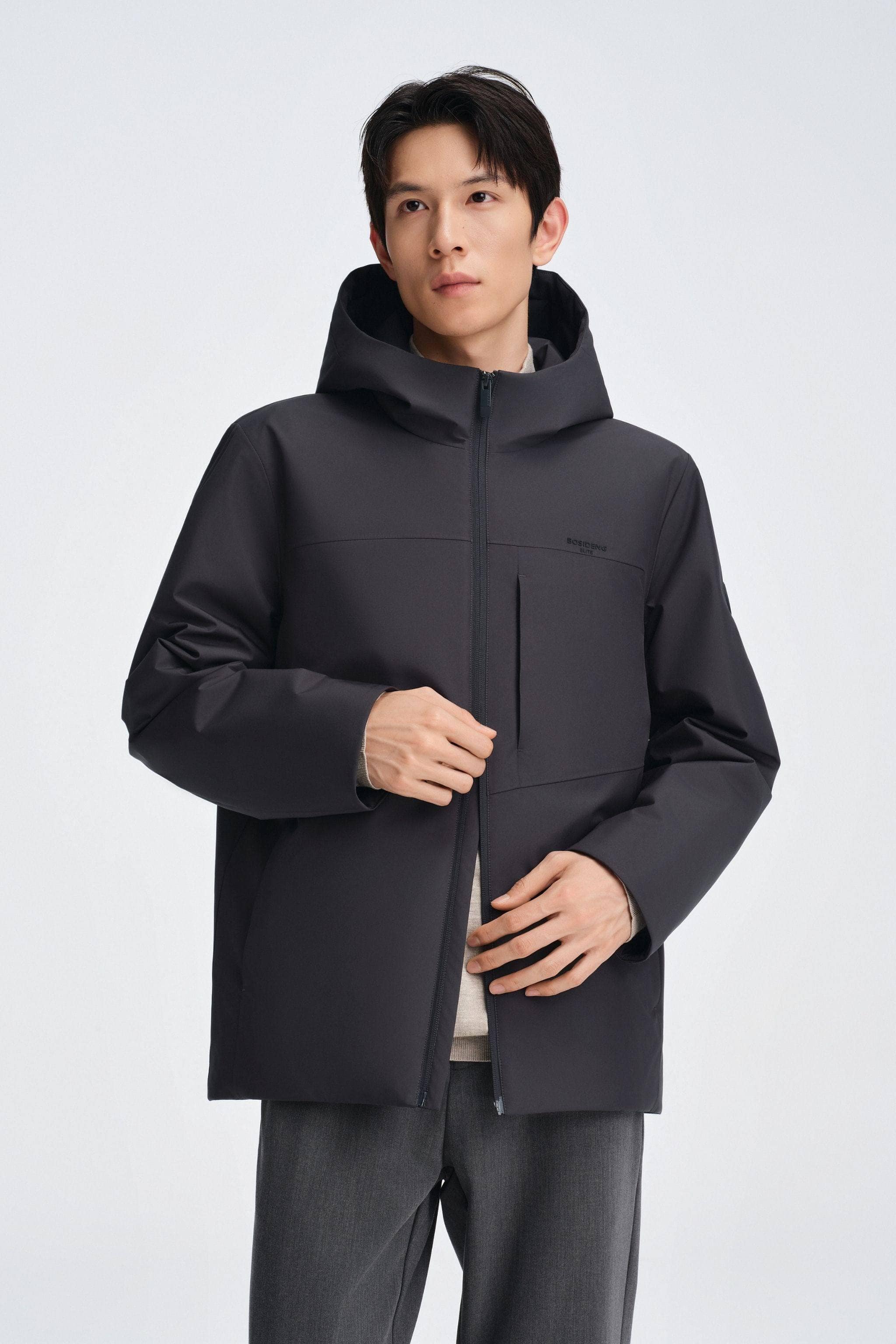 BOSIDENG 2025 Men's Short Length Goose Down Business Jacket With Hood Mountain Grey / XS