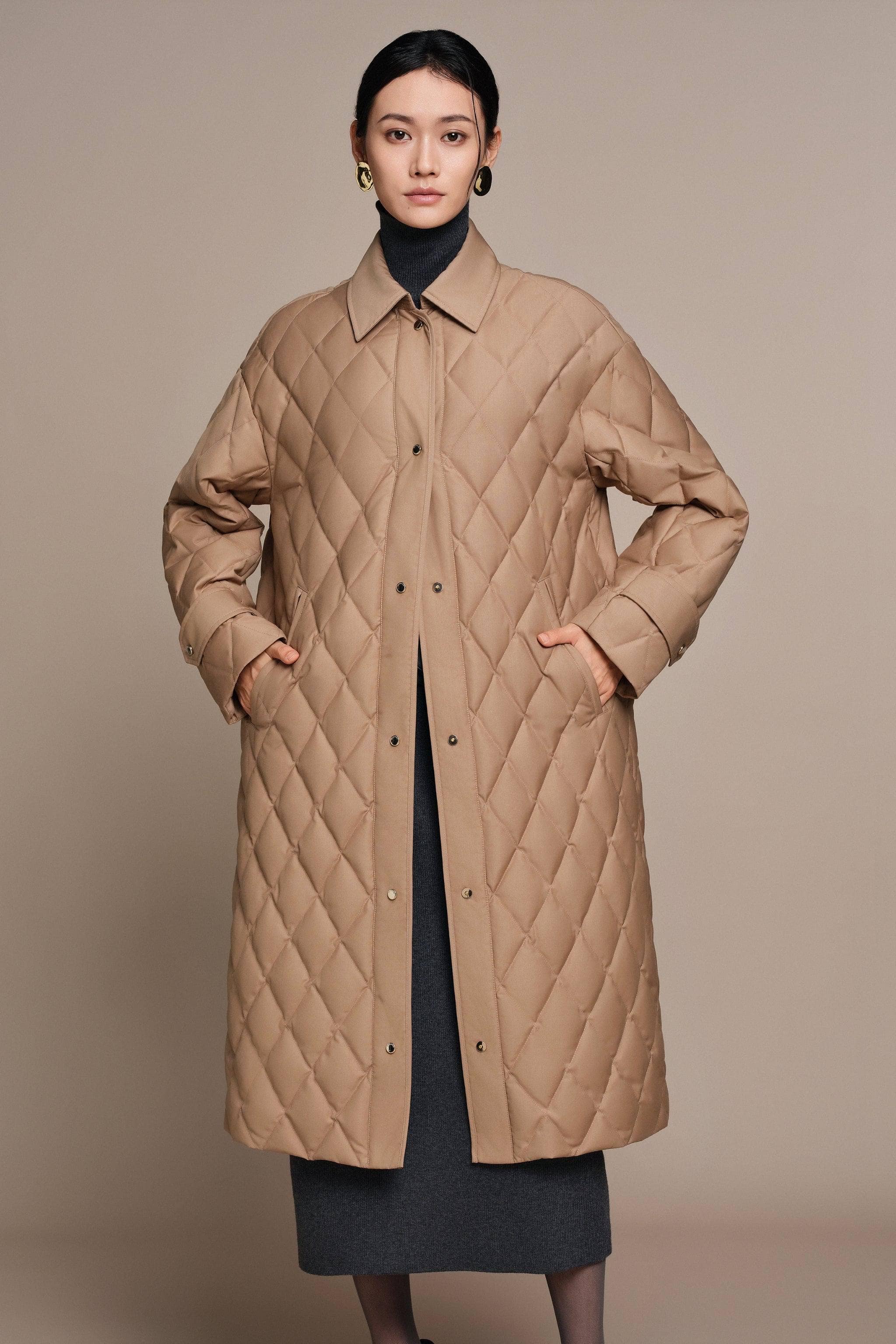 BOSIDENG 2025 Women's Full Length Goose Down Quilted Jacket Olive Tan / 4