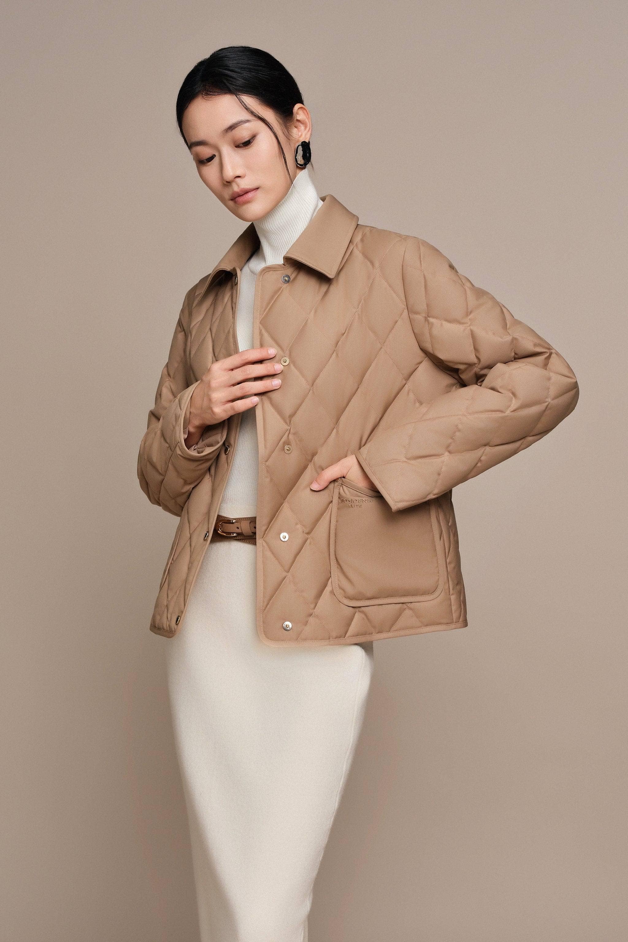 BOSIDENG 2025 Women's Short Goose Down Quilted Coat Olive Tan / 4