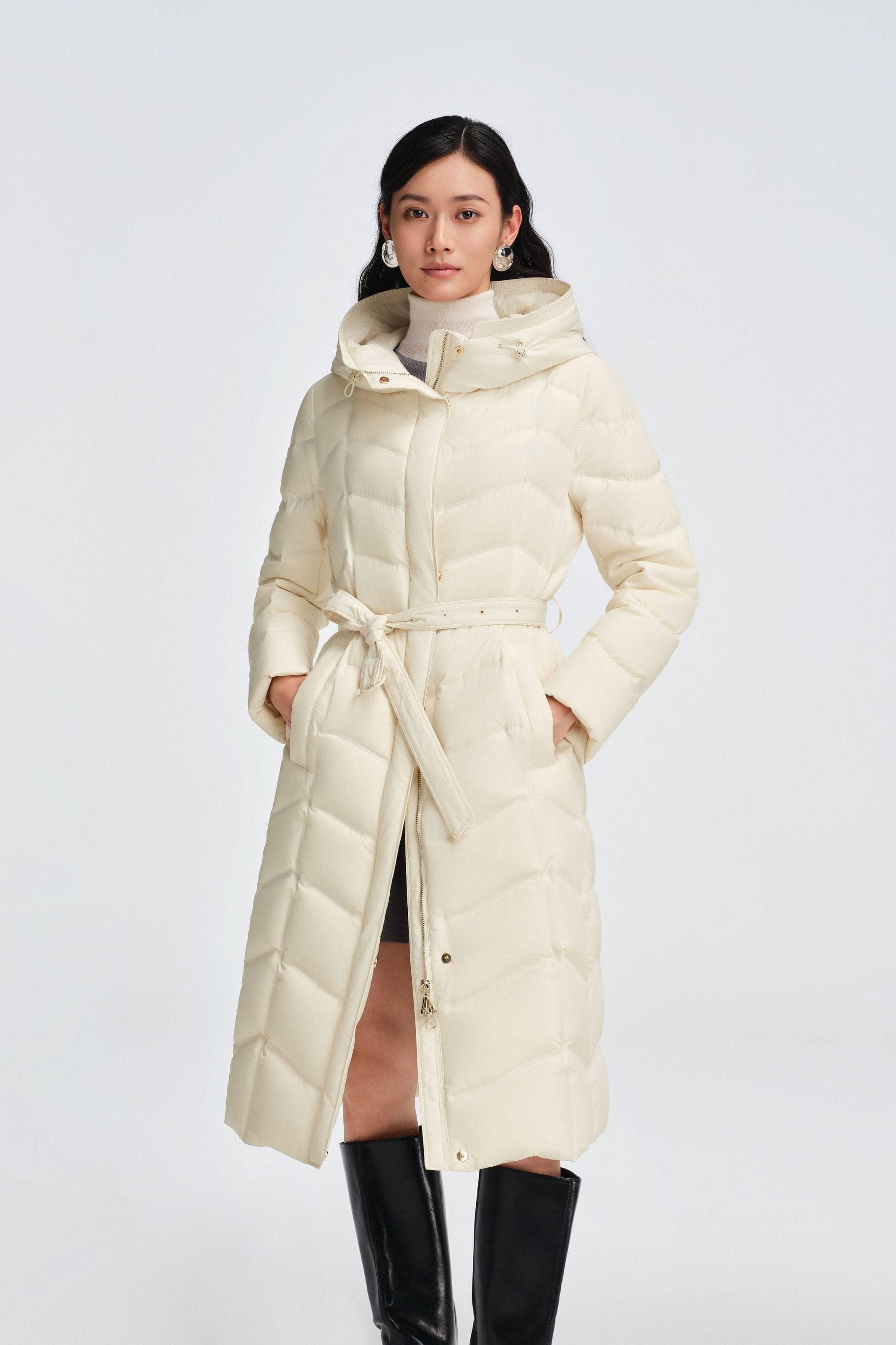 BOSIDENG 2025 Women's Full Length Goose Down Business Jacket With Belt Jacket Pearl White / 6